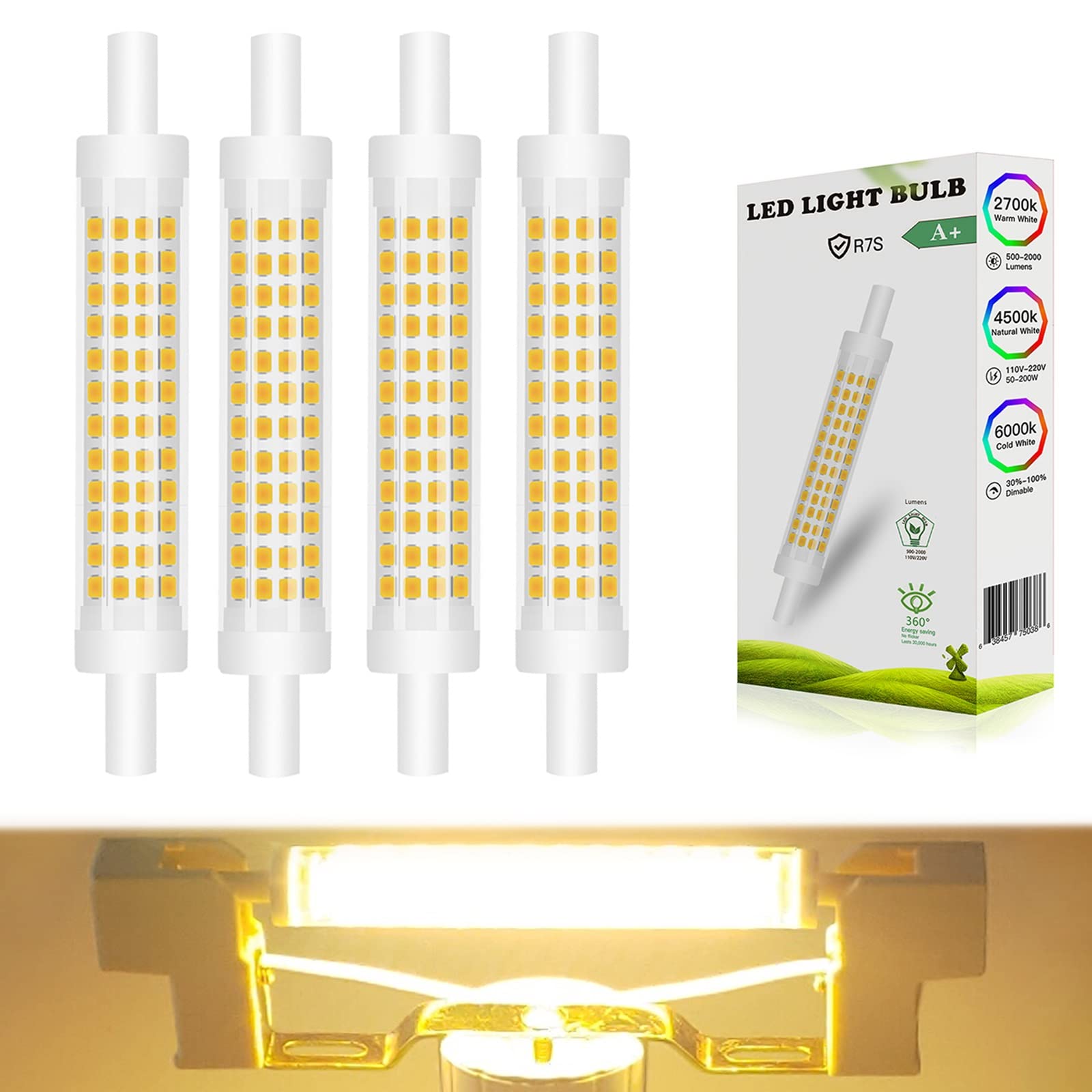COITROZR R7s LED 118mm 20W Dimmable, Equivalent to 150-200W R7S Halogen,Warm White 3000K 1800LM 360 Beam Angle No Flicker Super Bright Floodlight (Size : 4 Pcs)