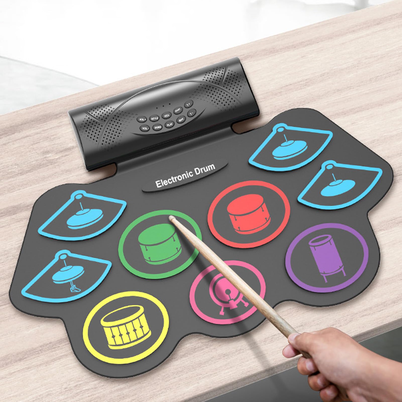 Batería Electrónica, 9 Pads Enrollables Batería Eléctrica, Batería MIDI Portátil Recargable con Pedales, Conector para Auriculares, 2 Altavoces Integrados