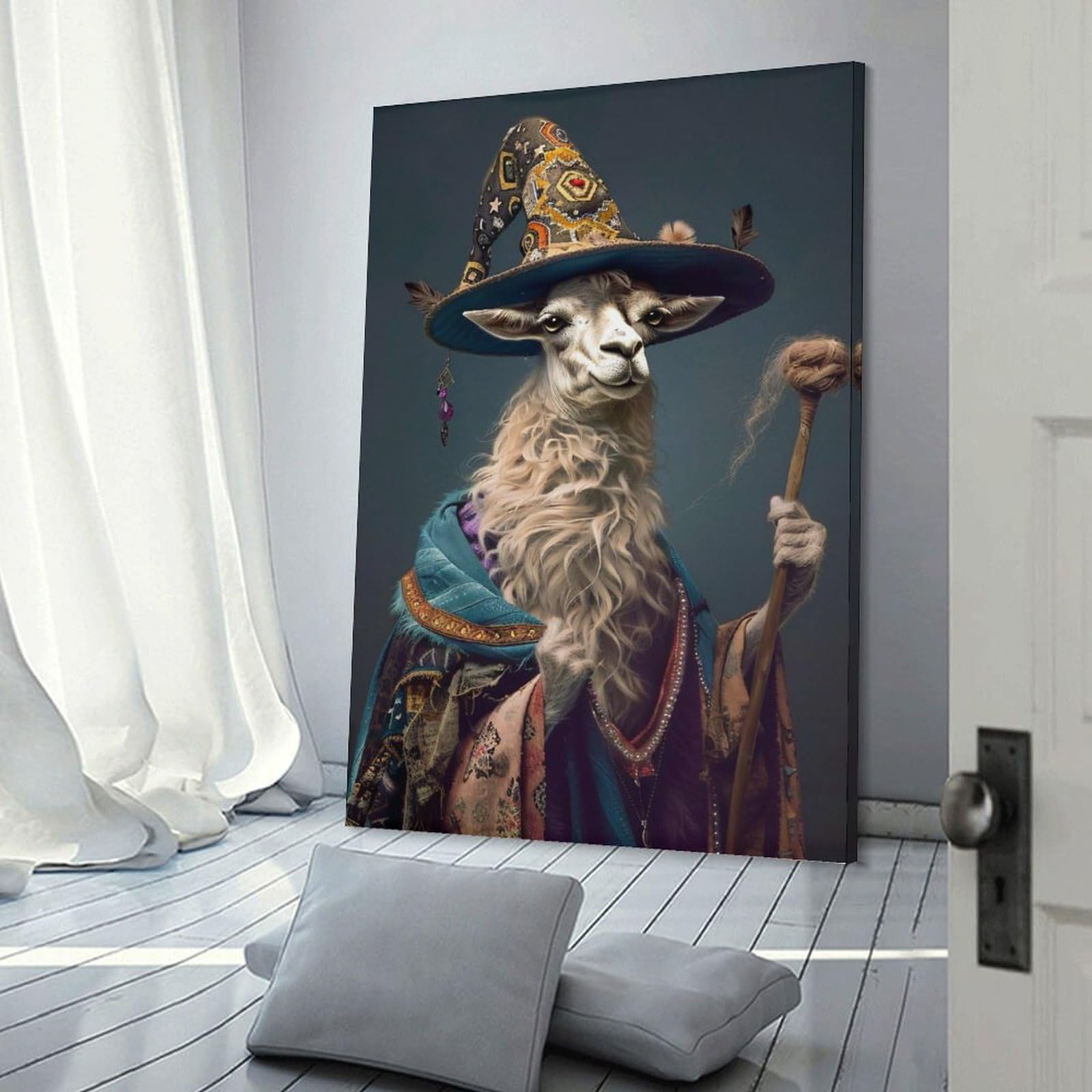Junmoney Frame-Style-8 Llama Wizard Portrait Wall Picture Print, 24X36inch(60X90cm), For Wall Displays, Bedrooms Or Room Updates, Decorative Artwork With Flexible Styling