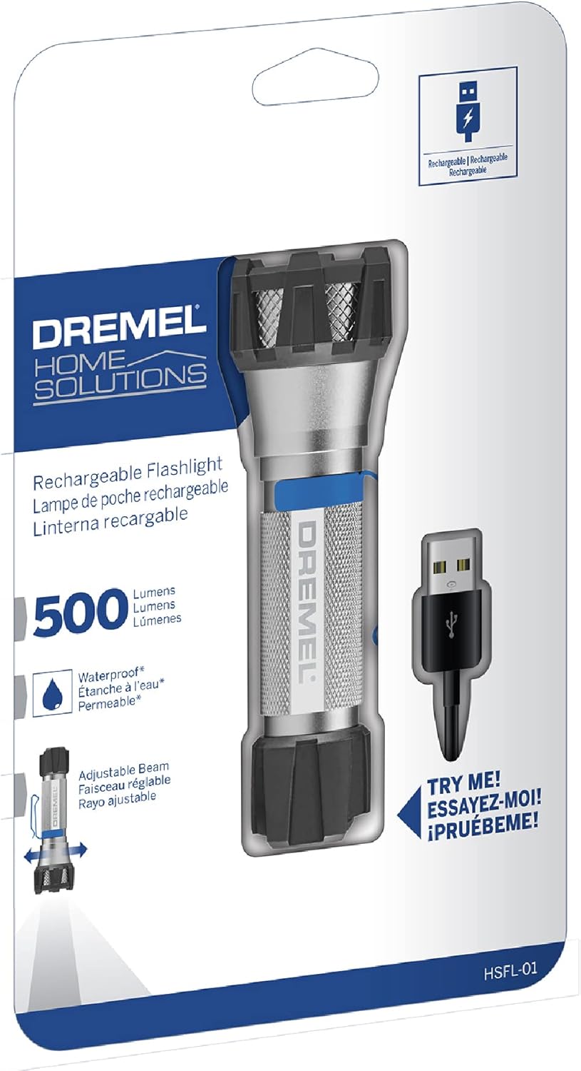Dremel HSFL-01 4V USB Rechargeable Cordless Flashlight with 500 Lumens and 3 Light Modes, Grey