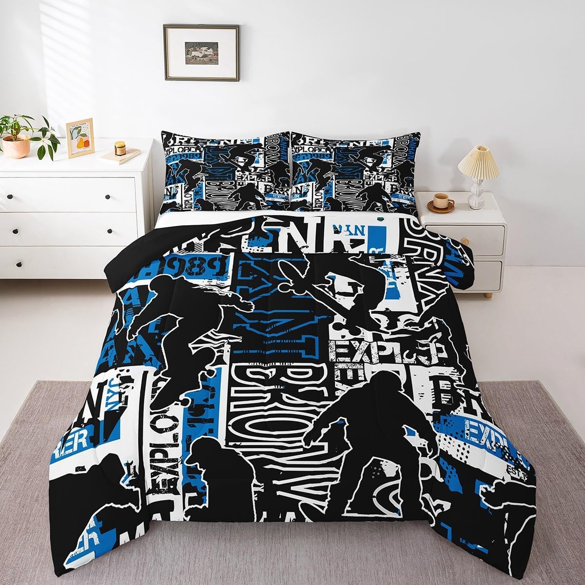 Boys Skateboarding Silhouette Bedding Comforter Set Twin Size for Kids Teens Men Home Room Decor,Black Navy Blue White Hip-hop Style Graffiti Quilted Duvet Street Extreme Sports Duvet Insert 2pcs
