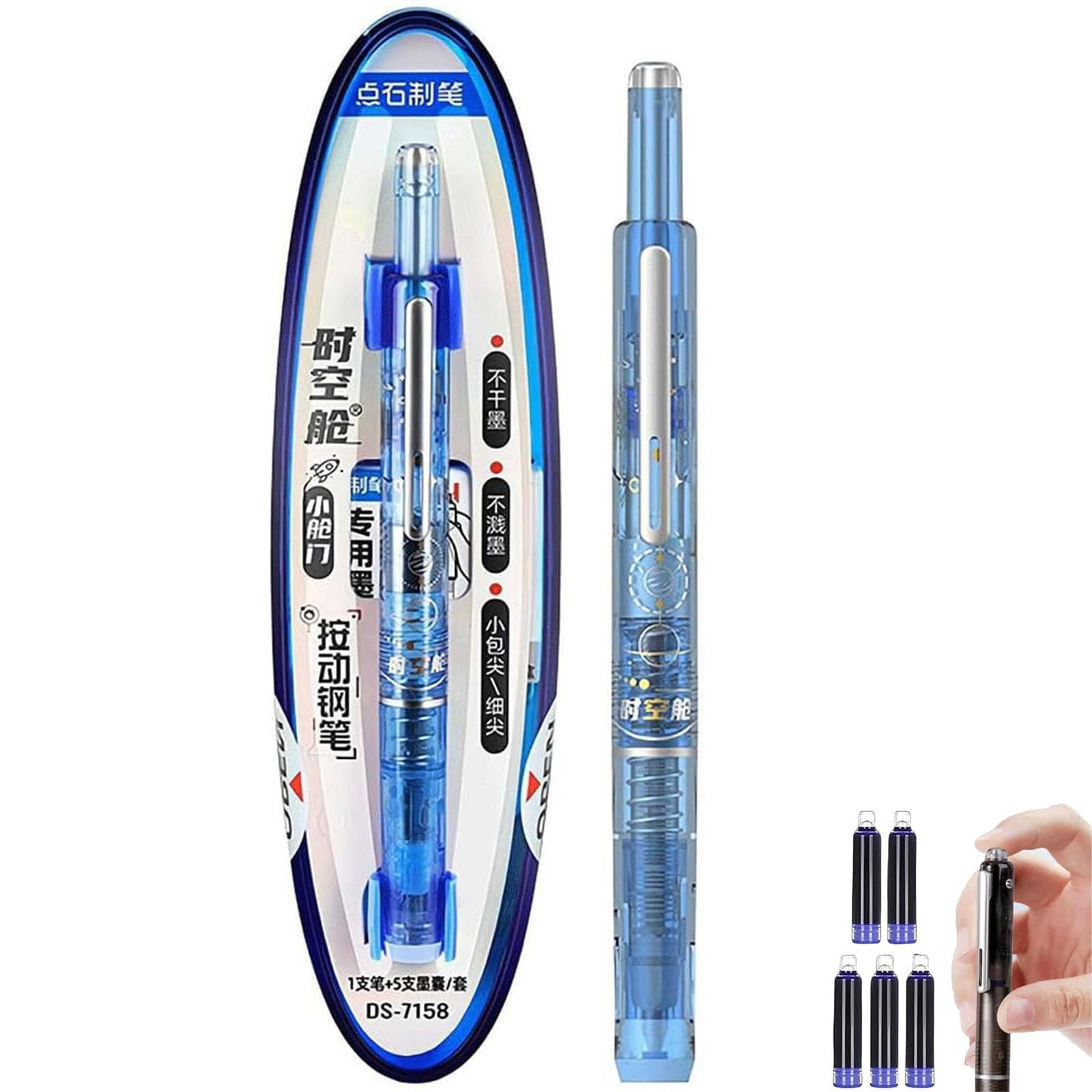 Ysaca Retractable Fountain Pen,0.38 mm Fine Nib, Transparent Barrel with 5 Refill Cartridges Smooth, No-Leak Writing for Journaling, Calligraphy & Office (light blue)