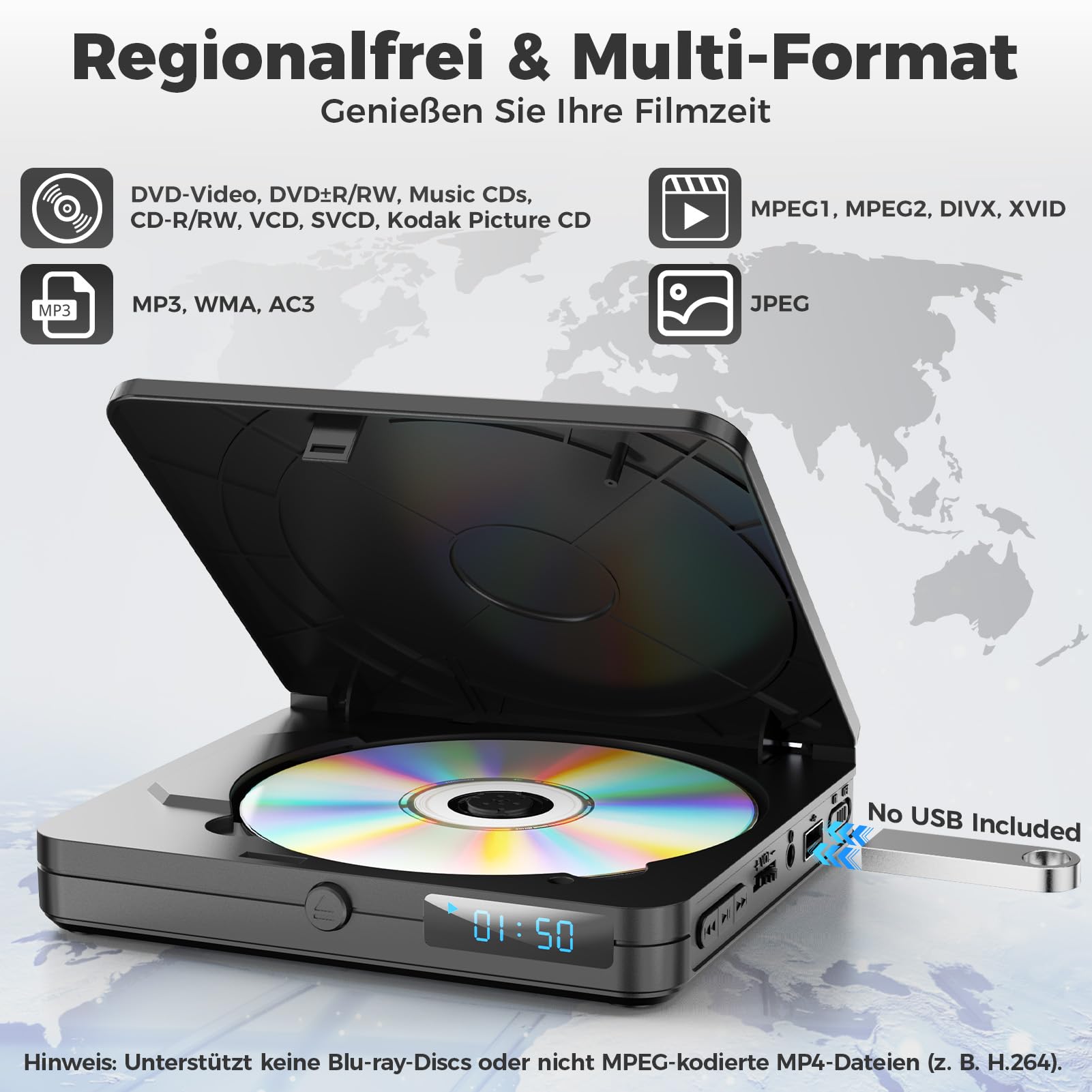 DVD Player für Fernseher, Mini DVD Player HDMI mit 1080P Upscaling, All Region Free, mit USB 2.0-Anschluss und Fernbedienung, Breakpoint Speicher, für Smart TV, integriertes PAL/NTSC