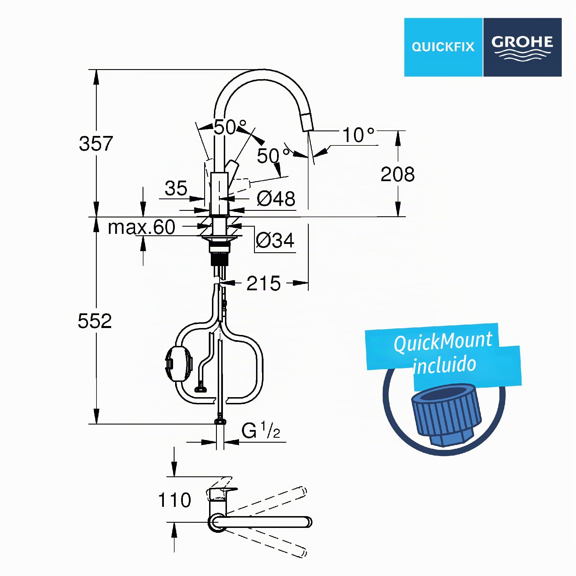 GROHE Start Edge QuickFix - 1 grifo mezclador de palanca con función extraíble (pico alto en C, superficie giratoria de 360°, cartucho de cerámica de 28 mm, colas de 1/2 pulgada, alta presión), tamaño