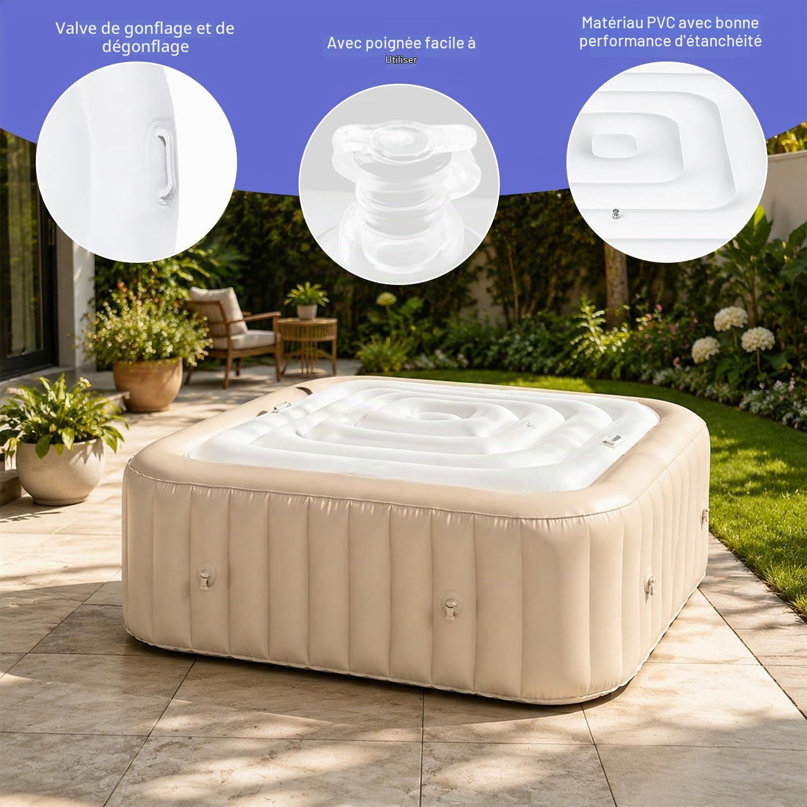 Couverture Gonflable Spa avec Poignées (Blanc, 130CM, Carrée)