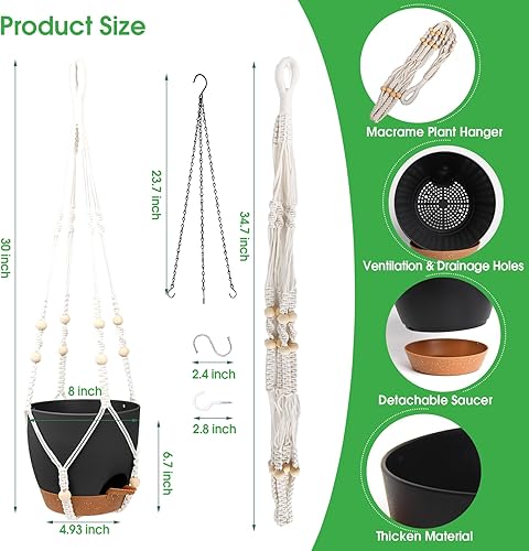 Miniatura 9 de Vanslogreen Macetas colgantes de 12 pulgadas para plantas de interior y exterior, macetas grandes con riego automático con agujeros de drenaje y