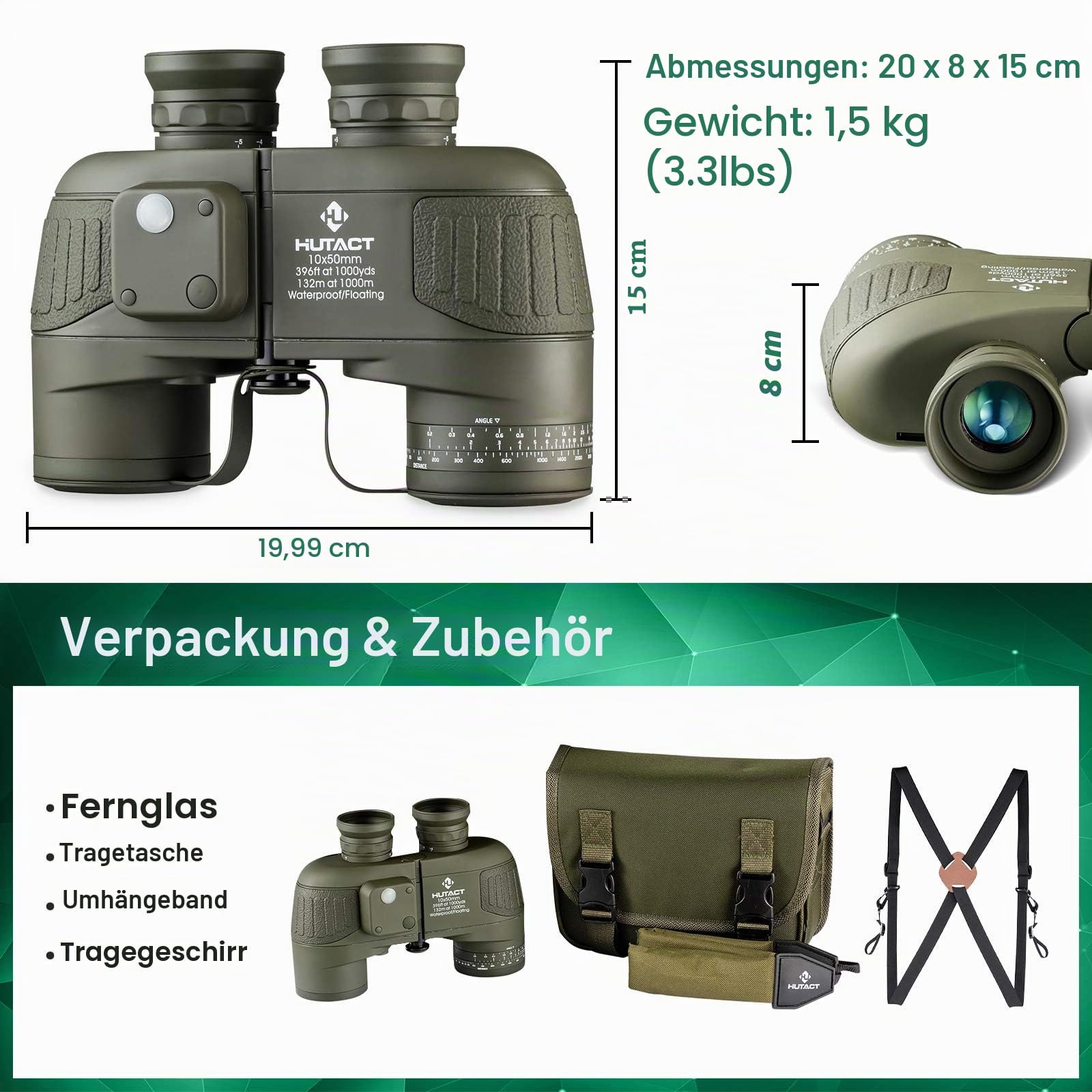 Fernglas Erwachsene 10x50 mit Entfernungsmesser und Beleuchtetem Kompass, für dDe Sicht Bei Niedrigem Licht, Vogelbeobachtung, Safari