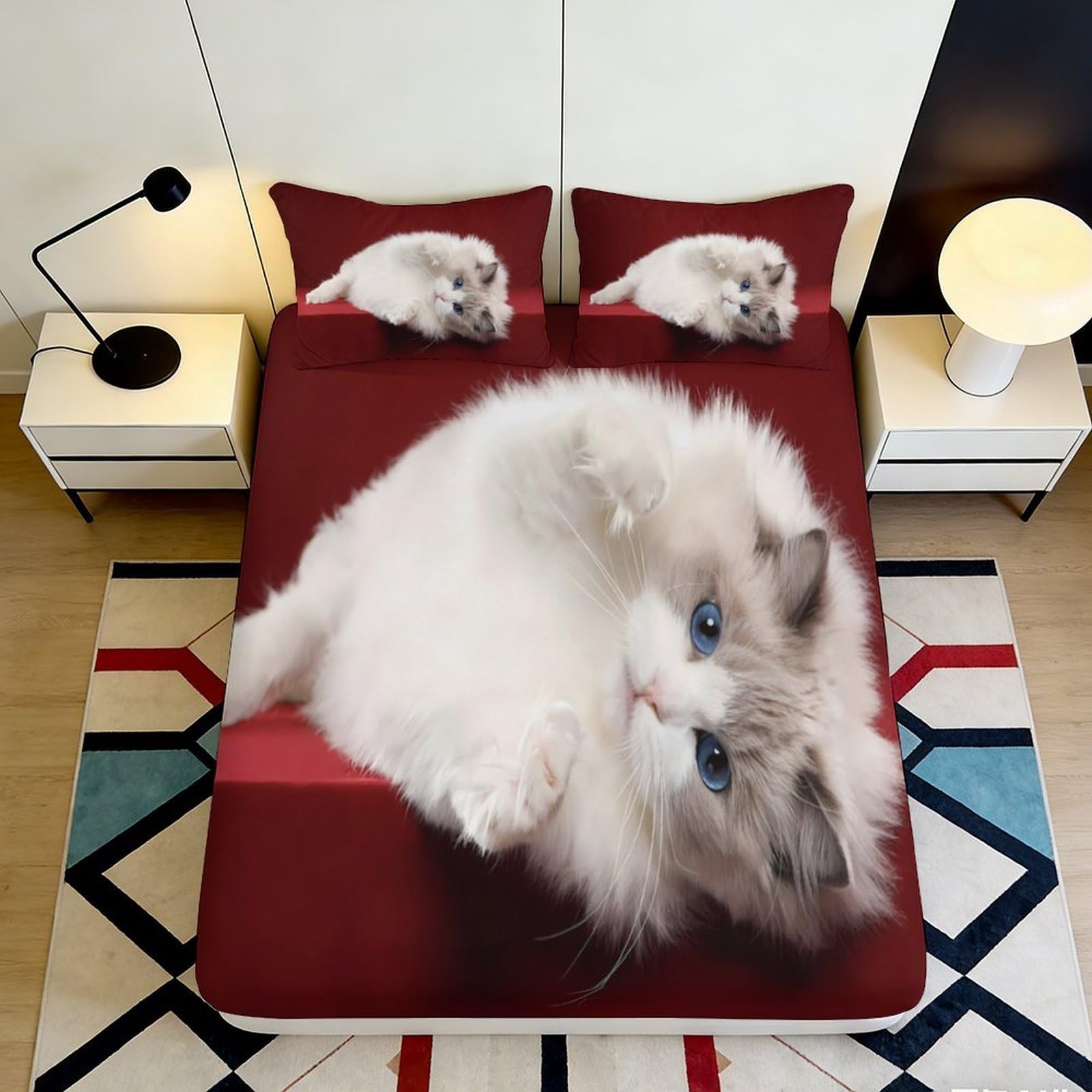 Pnayamiorkfel Style-7 3D Printed Fluffy Ragdoll Cat Fitted Sheet Microfiber Red Bed Cover For Bedroom Dorm Mattress Protection Decor 90X200x25cm