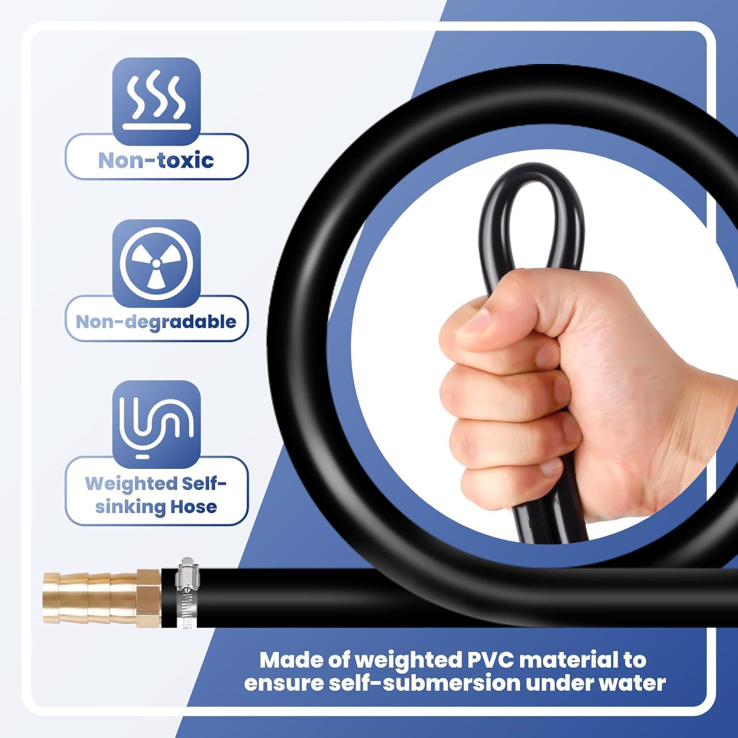 Self Sinking Pond Hose, 3/8" x 328ft Weighted Pond Tubing with 8 Stainless Steel Hose Clamps and 4 Copper Menders, Non-toxic PVC Air Hose for Aquaculture,Garden and Lake Aeration