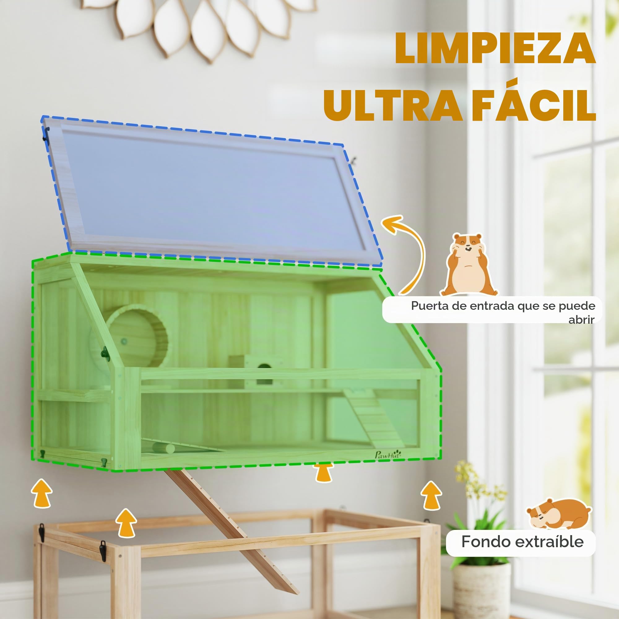 PawHut - Jaula para hámster de Madera, Jaula roedor de 3 Niveles, Base extraíble para una fácil Limpieza, Tapa Abierta, cabaña, Columpio, Rueda de Ejercicio y rampas, 80 x 50 x 76 cm, Madera Natural