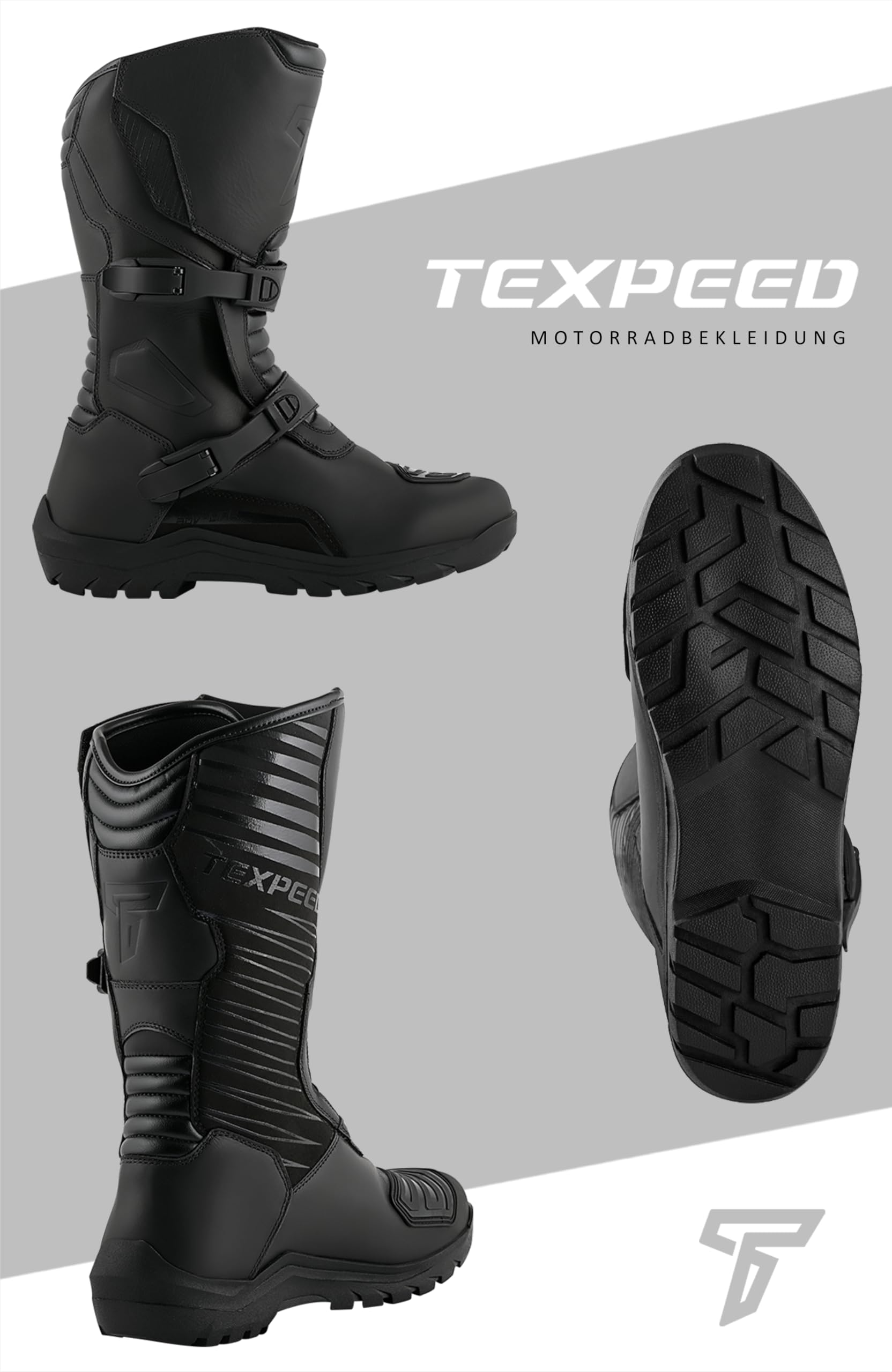 Texpeed Motorradstiefel herren leder - Adventure, 100% wasserdicht, hoher Schaft, CE-geprüft, Touring-/Cruiser-Bikerschuhe – Schwarz - EU 44