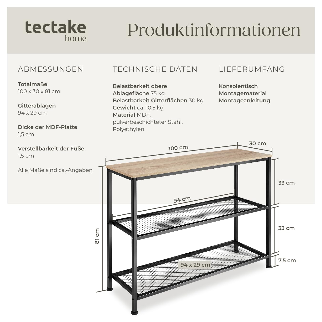 tectake® Industrial Konsolentisch schmal, Bartisch Konsole, Kommode mit 2 Ablagen, Beistelltisch für Wohnzimmer Flur, Sideboard, Regal oder Blumenbank - Industrial Holz hell, Eiche Sonoma