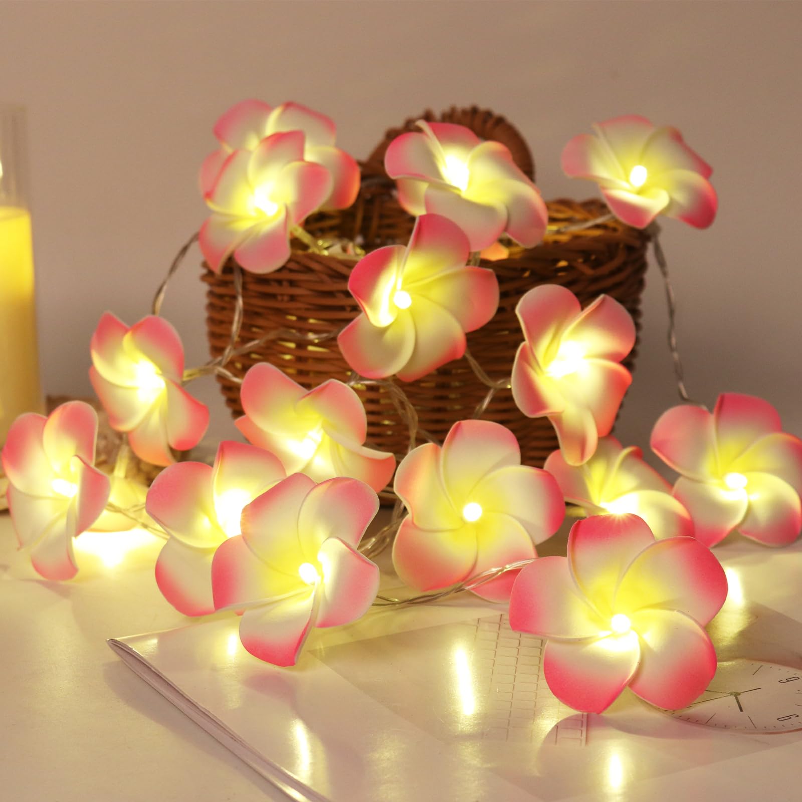 RECUTMS Plumeria String Lights, Artificial Foam Flower Battery Operated 20 LED Hawaiian Fairy Light for Summer Outdoor Indoor Tropical Luau Jungle Beach Theme Wedding Home Party Decoration(Pink) โ image 1