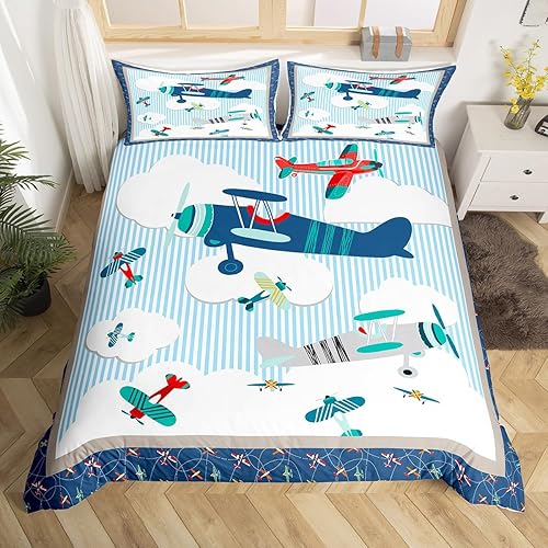 Miniatura 4 de Castle Fairy Juego de ropa de cama de avión para niños, cielo azul y nubes blancas, juego de funda de edredón para niños, adolescentes y mujeres,