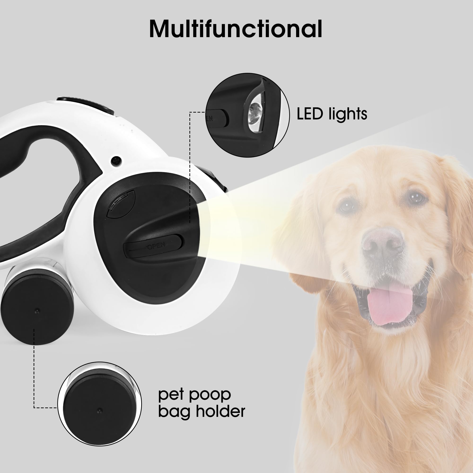 Laisse rétractable 4 en 1 pour chien de 5 m de long avec lumière LED et support pour sac à déjections canines pour chiens de petite, moyenne et grande taille (max 110 kg)