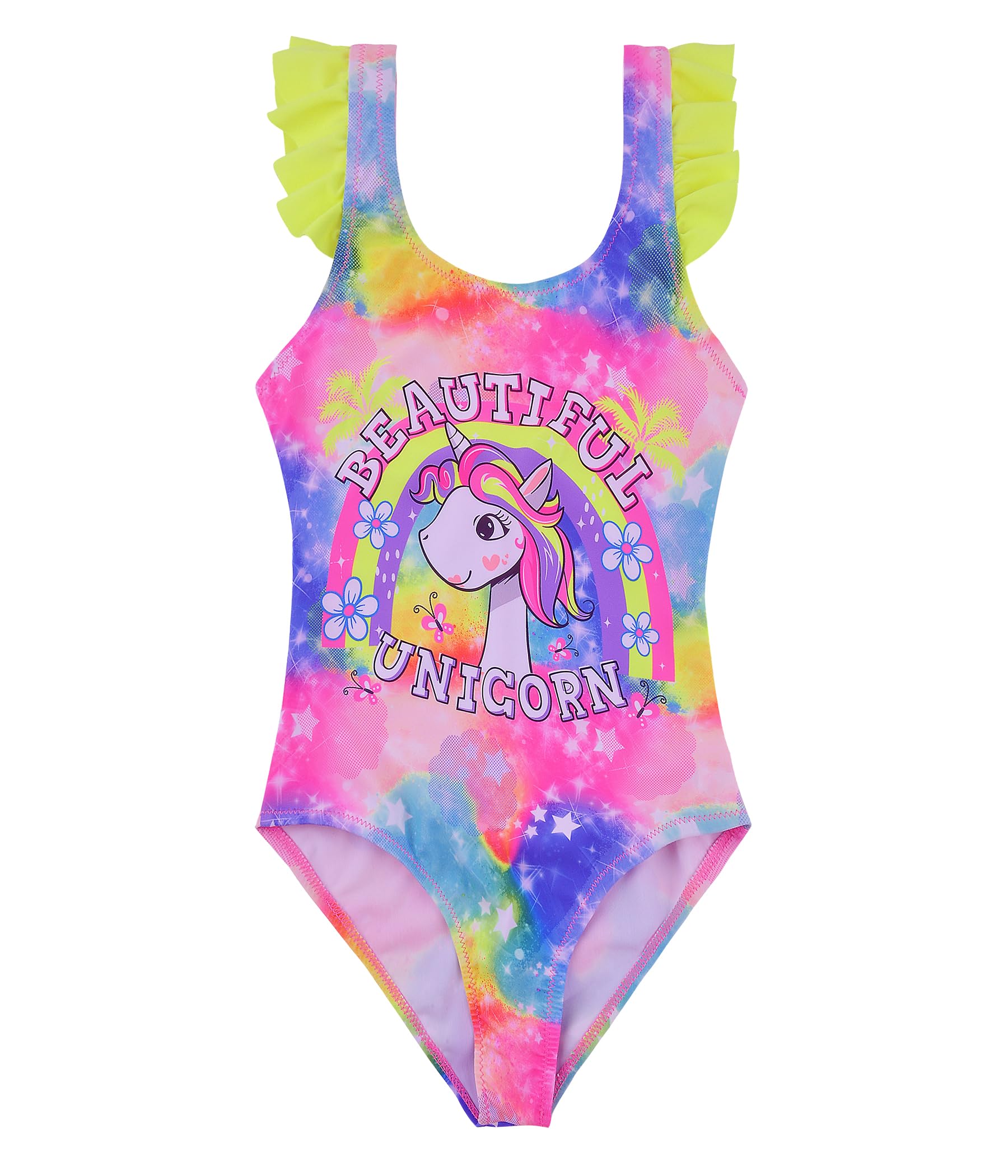 Power Flower Traje de baño de Unicornio para Niñas Traje de Baño de Una Pieza con Volantes Ropa de Playa para Niñas Pequeños 4-14 Niña
