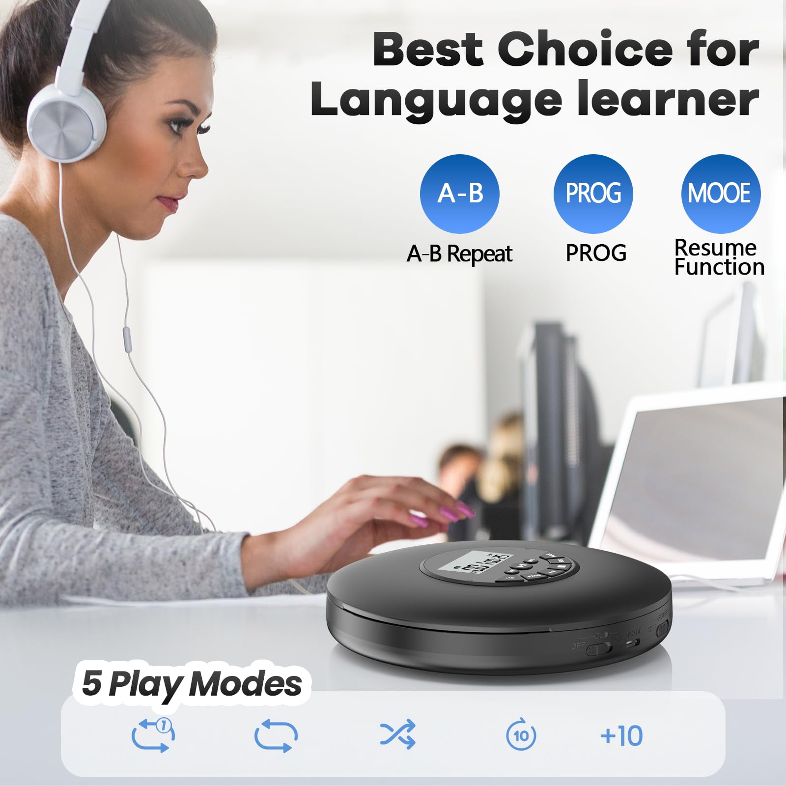 Arafuna Tragbarer Persönlicher CD Player mit Anti-Skip & Programmierfunktion, Compact Discman unterstützt CD-R/CD-RW Wiedergabe, mit mitgelieferten Kopfhörern für privates Musikhören