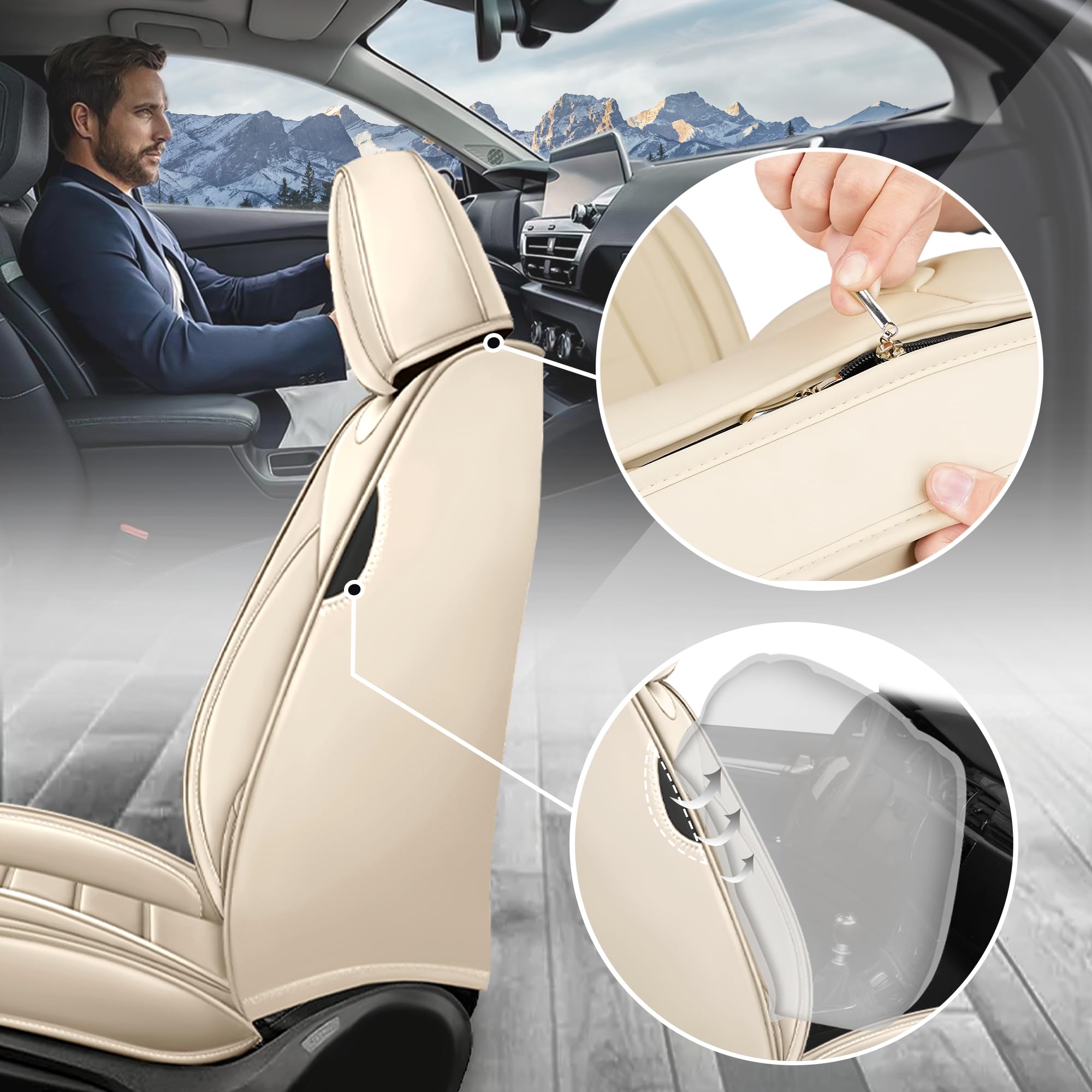 Autositzbezüge passend für Mercedes-Benz CLA 180 2007-2026, 5 Sitze Komplettset, wasserdicht & langlebig, kompatibel mit Seitenairbags, hochwertiges Nappa-Leder Sportsitzbezug.(Beige)