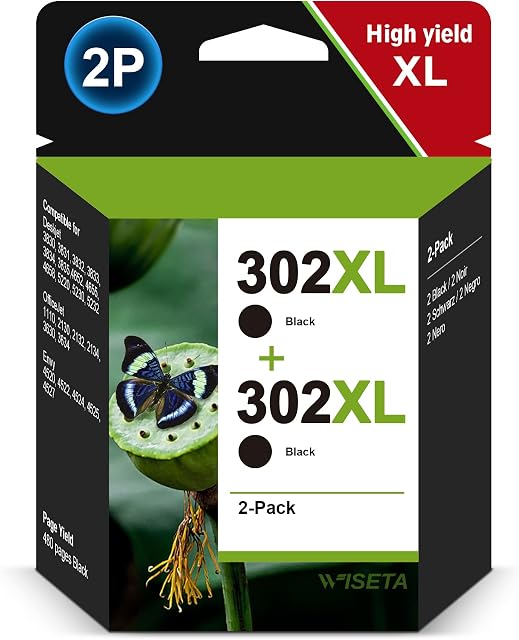 302XL High Yield Ink Cartridges Remanufactured for HP 302 XL WISETA for Deskjet 1110 2130 2134 3630 3632 3634 Officejet 3830 3834 4650 4651 4652 Envy 4520 4521 4522 4523 4524 (2 Black)