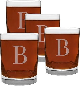 CEDAR CRATE MARKET 4 Piece Glass Set Engraved with B-Letter Monogram, 13.5-Ounce