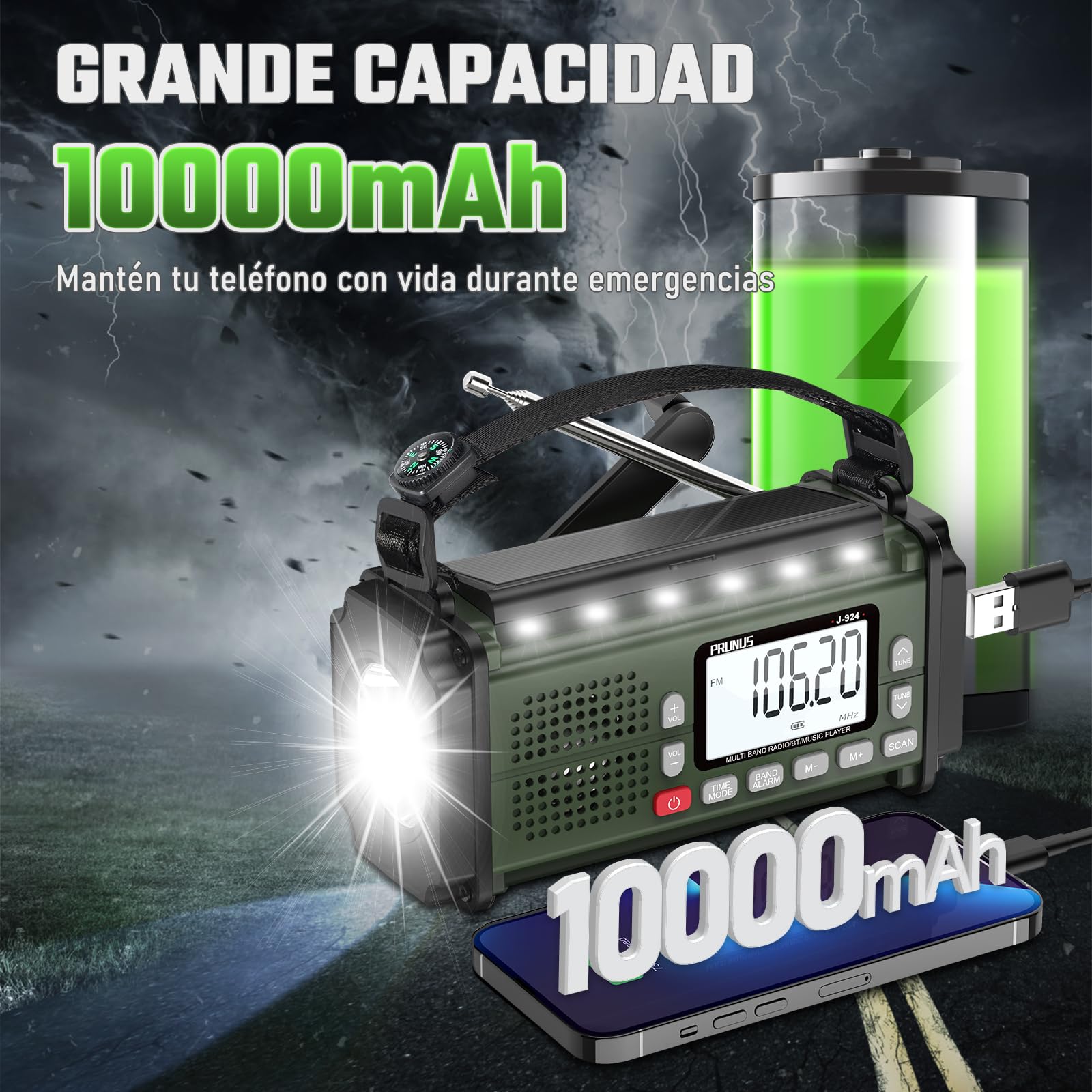 PRUNUS J-924 Am/FM/SW Radio Solar y a Pilas, Radios Digital con Función de Preselección, Radio Portatil Pequeña Recargable de 10000 mAh, Radios Emergencia con Manivela, Linterna, SOS.
