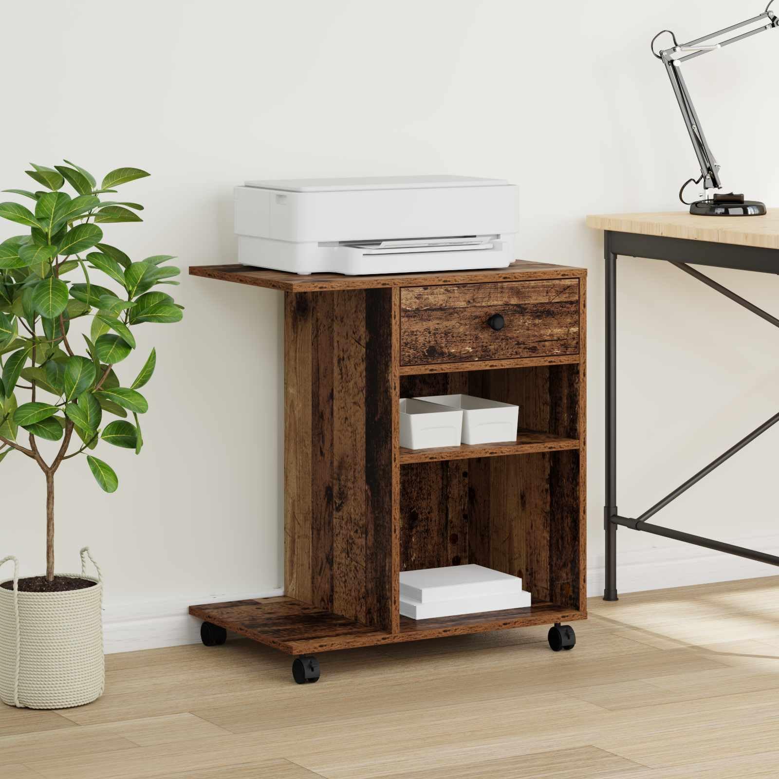 Druckerständer Uni Altholz Holzwerkstoff 60 x 40 x 68,5 cm mit Rollen und Schubladen, mobiler Bürowagen für Drucker und Büroorganisation, praktischer Stauraum für Akten, Papier, Scanner