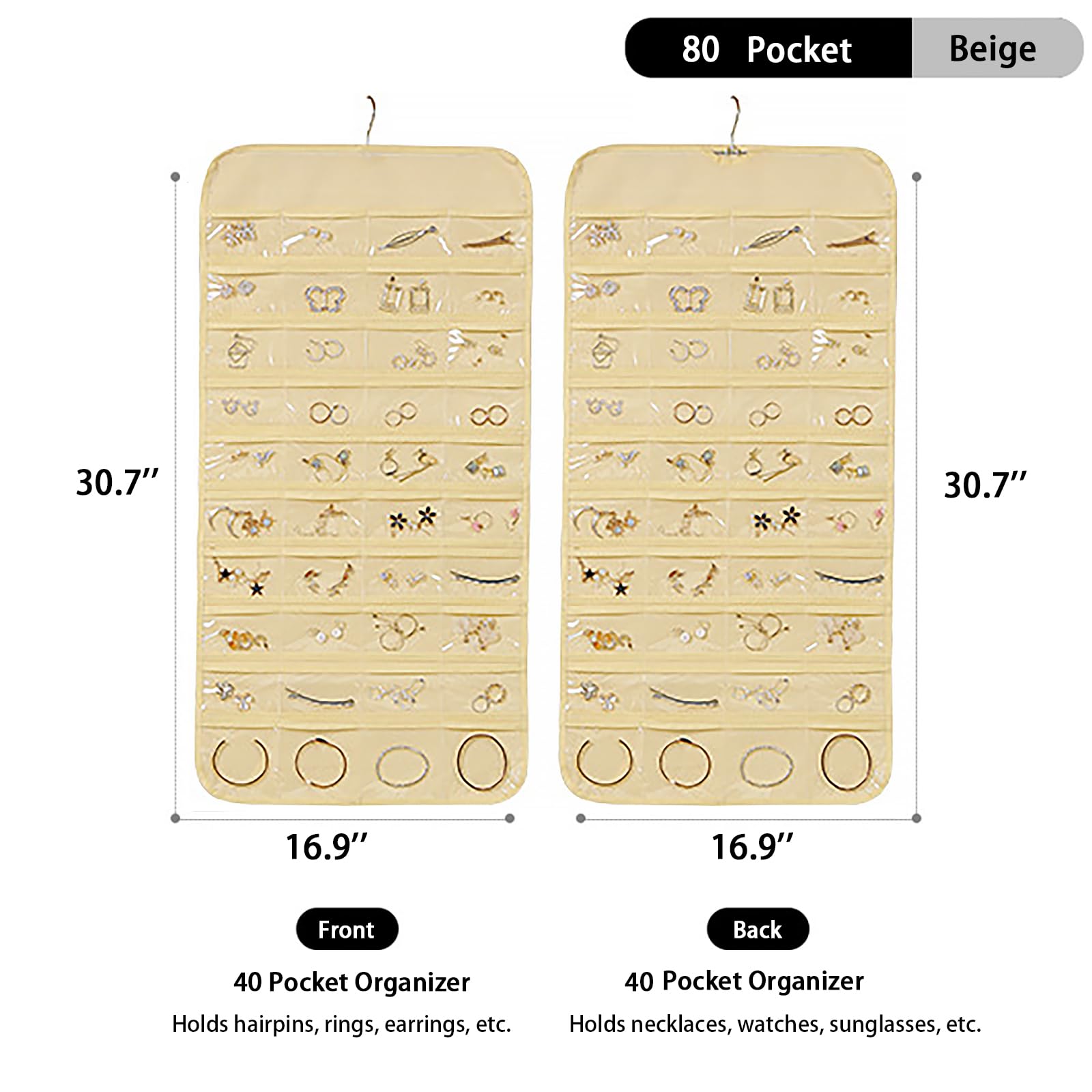 DTCSWACN Hanging Jewelry Organizer,Accessories Organizer,80 Pocket Organizer for Holding Jewelries,Beige