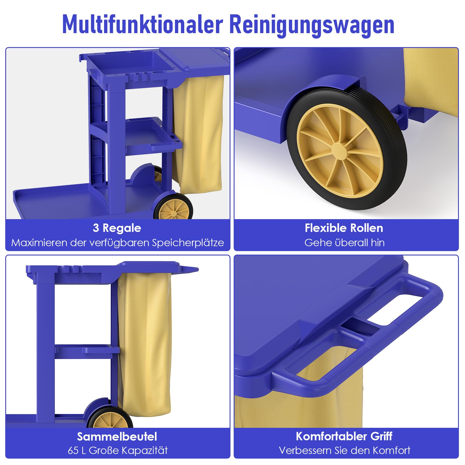 Carro de limpieza con 3 compartimentos, carrito de limpieza profesional, 83 x 46 x 90 cm, carrito con 4 ruedas, gran capacidad, 65 L, bolsa de basura para servicios de hoteles, centros