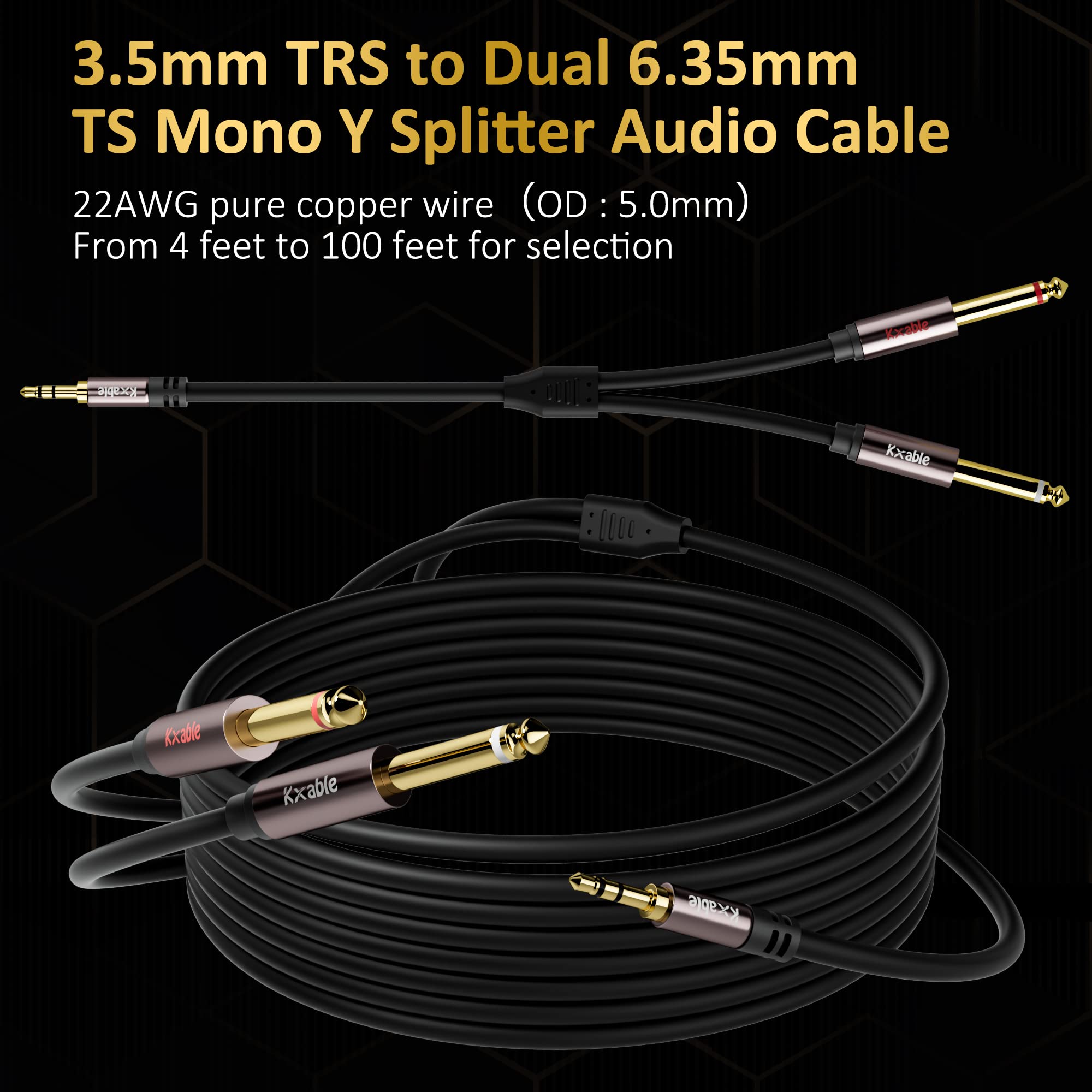 Kxable Câble stéréo 1/8 vers double 1/4 30,5 m, TRS 3,5 mm vers 2 x TS mono Y 6,35 mm, cuivre sans oxygène, OD : 5 mm, pour PC, table de mixage, haut-parleur, système stéréo domestique avec 5 attaches