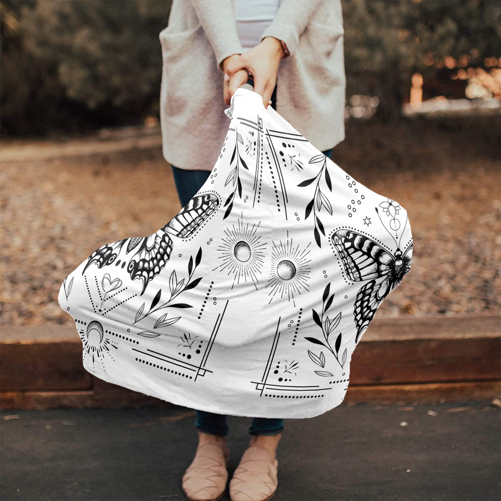 Nursing Cover for Breastfeeding Scarf, Sun Flowers Butterflies Black White Baby Car Covers Super Soft Multi Use for Canopy Shopping Cart Cover Blanket Stroller Cover