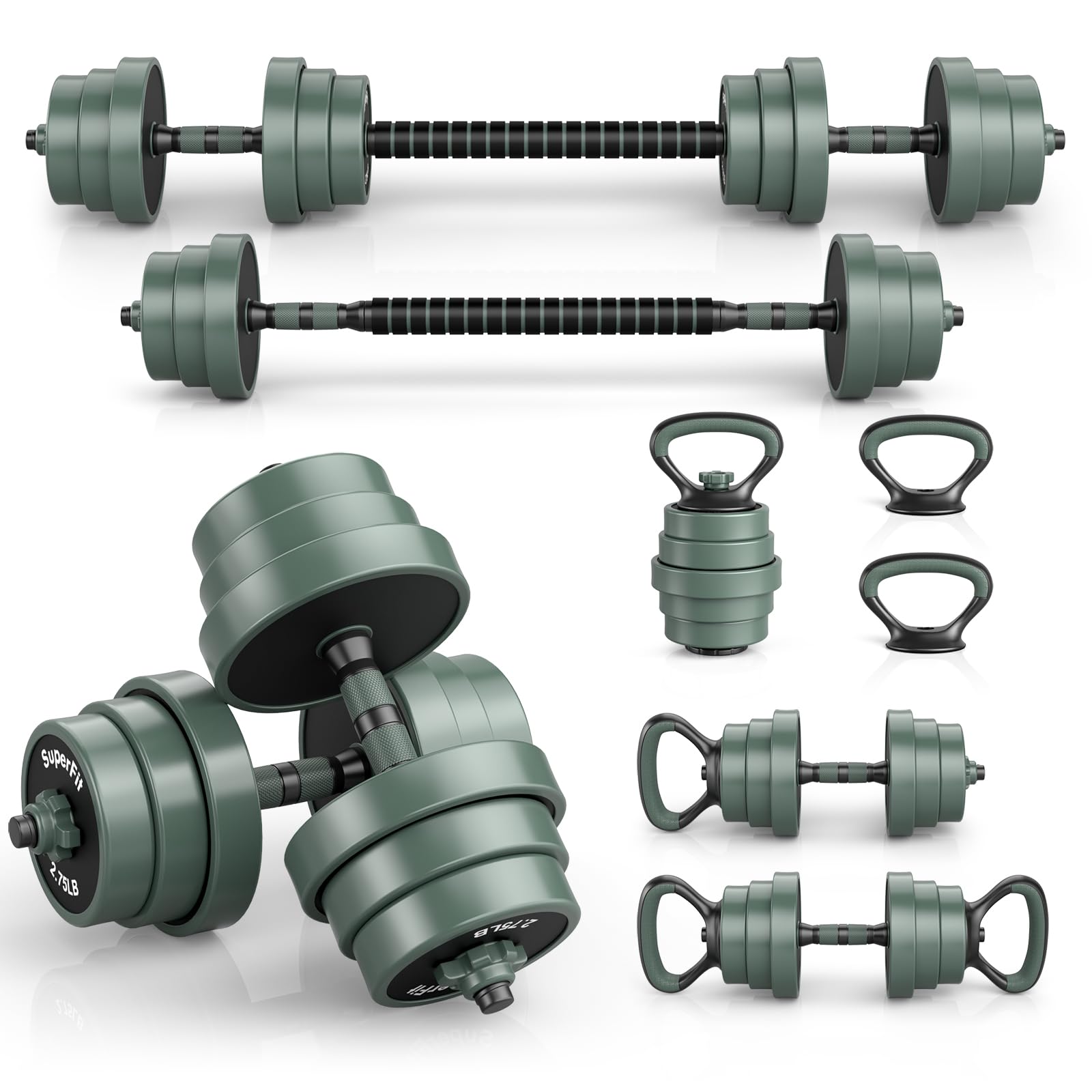 KOMFOTTEU Mancuernas Ajustables 4 en 1, Juego de Pesas para Gimnasio en Casa con Barras, Mancuernas, Kettlebells, Soporte para Flexiones, Entrenamiento de Fuerza para Hogar, Oficina