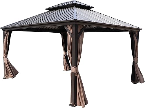 Kozyard Gazebo de techo rígido de 12 x 14 pies, pabellón permanente de metal con malla y cortinas sombreadas para patio, patio trasero y terraza,
