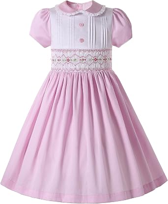 Girls Kids Cute Pink Hand Embroidery Smocked Dresses