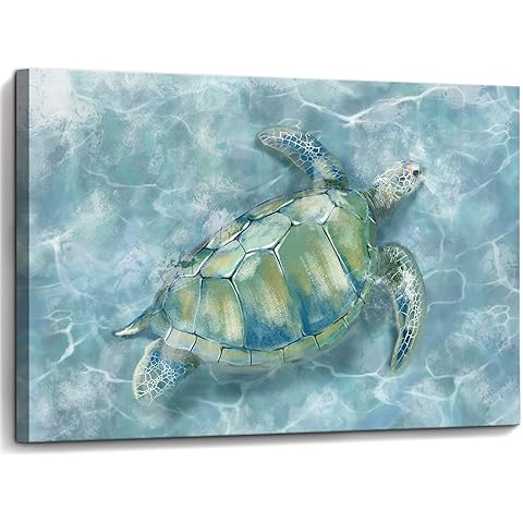 YJYart Bathroom Wall Decor Canvas Wall Art for Bedroom Sea Turtle Pictures Blue Coastal Room Decorations Artwork Green Turtle Wall Decorations 16” x 24”