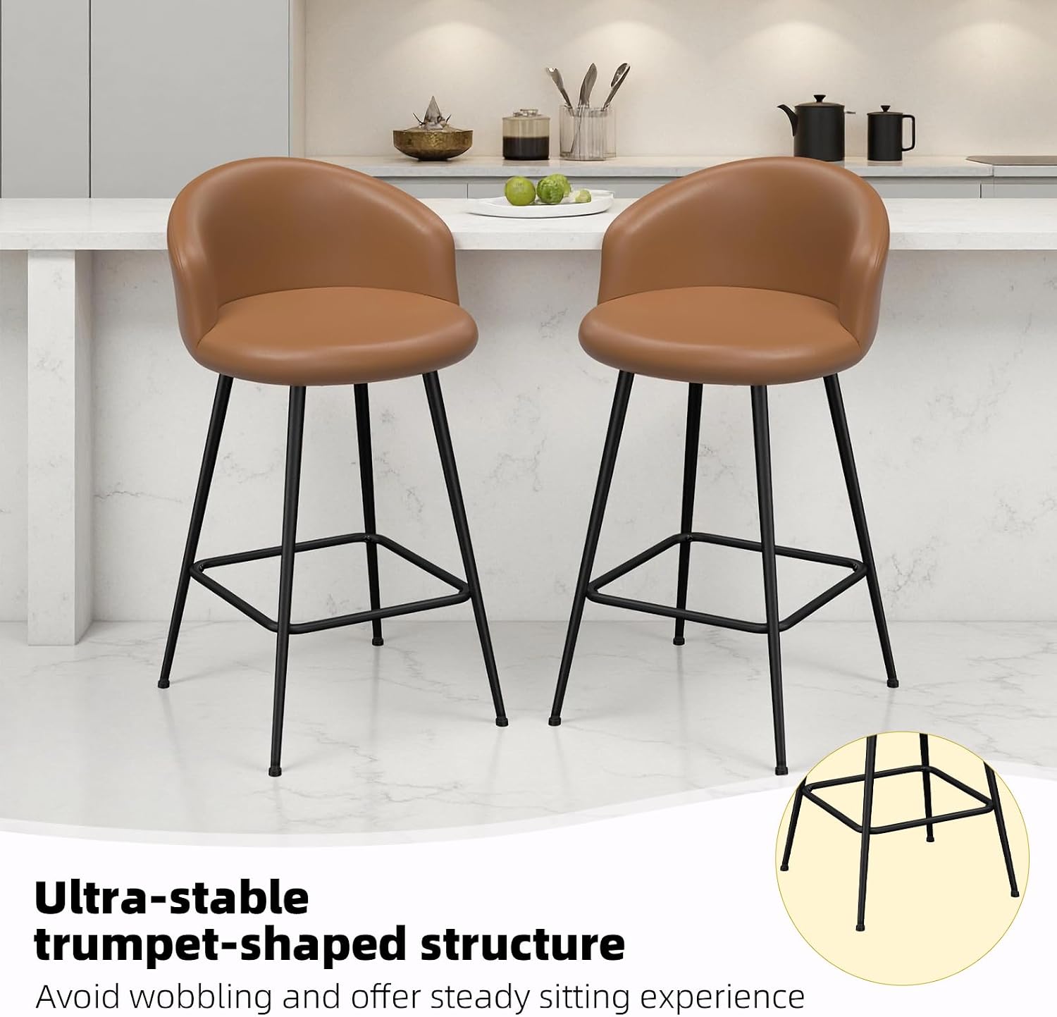 24" Counter Height Barstools Set of 4, Upholstered Bar Stools with Backs and Metal Legs, Faux Leather Barstools for Kitchen Island, Home Dining, Pub, Brown