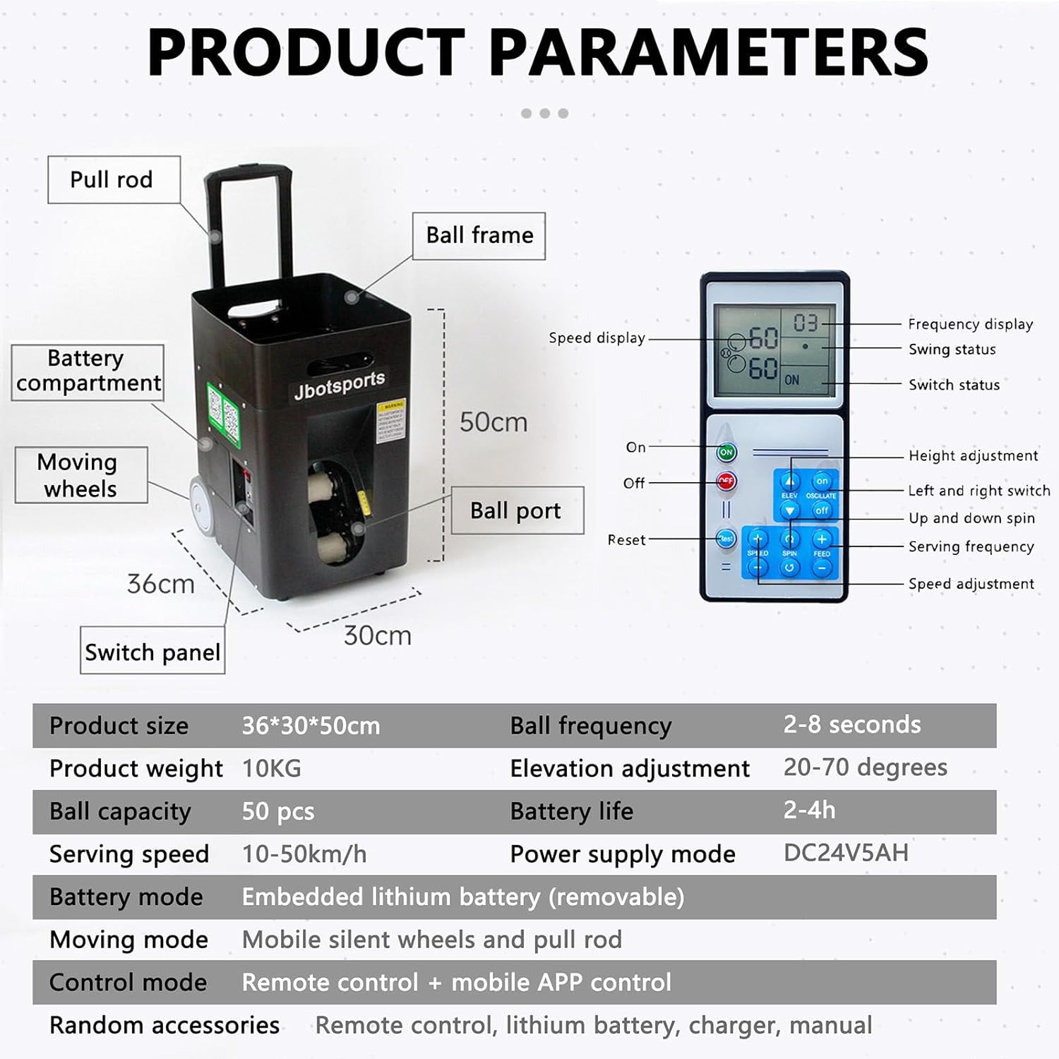 Tennis Ball Machine,Remote-Controlled Tennis Pitching Machine,with Rechargeable Lithium Battery,Adjustable Launch Angle, 50 Balls