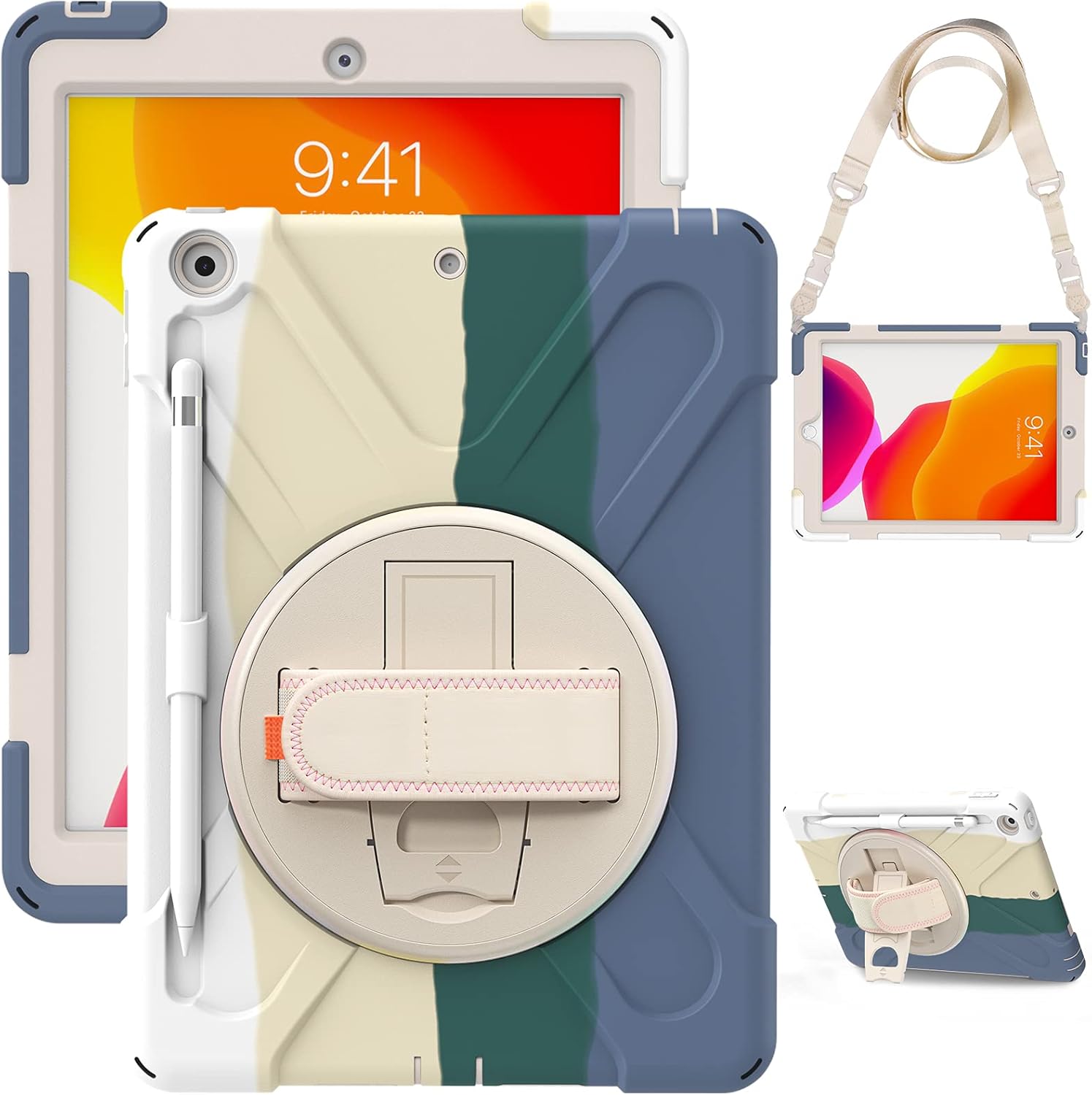 Kids Case for iPad 10.2（2019/2020）, Rainbow Color Shockproof Heavy Duty Rugged Protective Case, 360 Degree Rotating Stand, Hand Strap& Shoulder Strap,with Kickstand