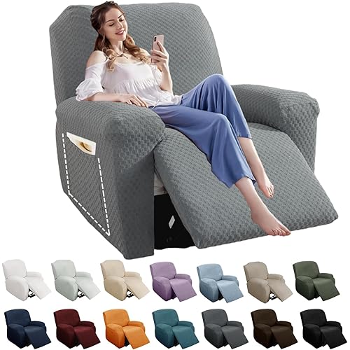 YEMYHOM 4 Pieces Stretch Recliner Slipcover Latest Jacquard Recliner Chair Cover with Side Pocket Anti-Slip Fitted Recliner Cover Couch Furniture Protector with Elastic Bottom (Recliner, Light Gray)