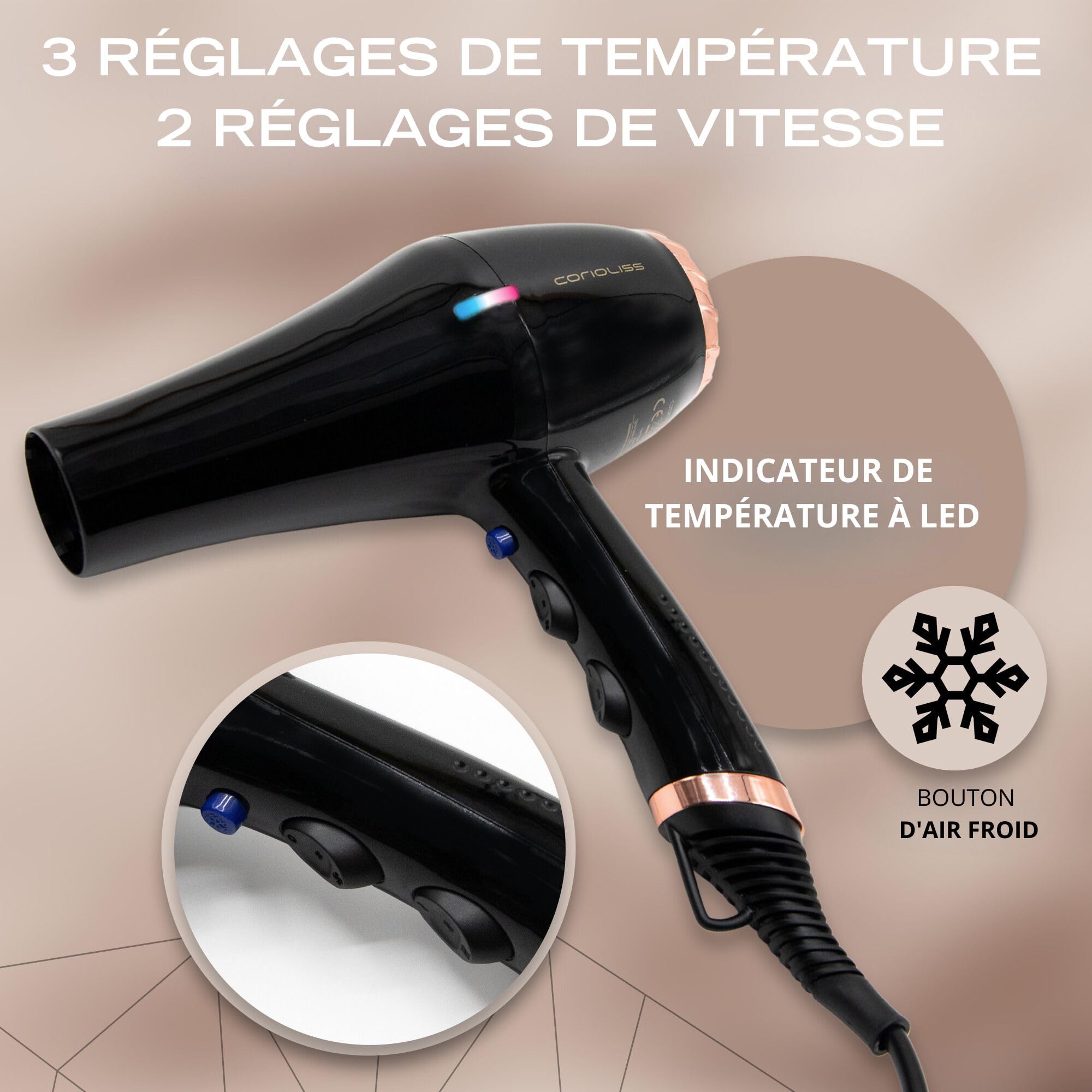 Corioliss Sèche-Cheveux Professionnel Ionique FLOW+ Black Copper 2000 W avec 3 réglages de température et 2 vitesses.