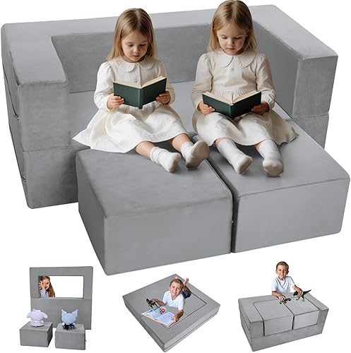 MeMoreCool Sofá modular para niños, sofá plegable para sala de juegos, silla de espuma de felpa convertible gris para niños