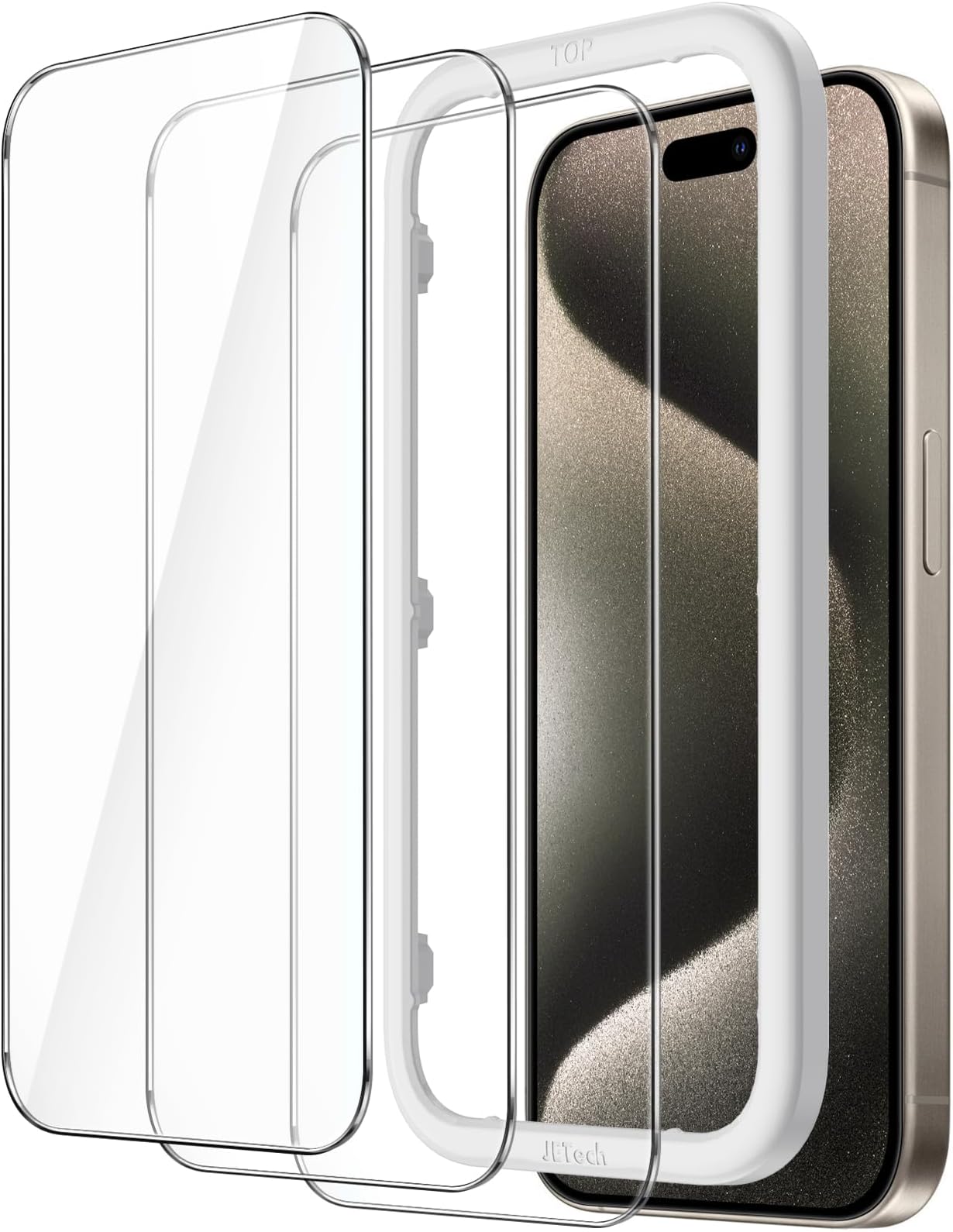JETech Protective Film for iPhone 15 Pro Max (15 Pro Max 6.7 inch) Tempered Glass Film with Guide Frame No Interference in Case HD Clear (3 Pack)