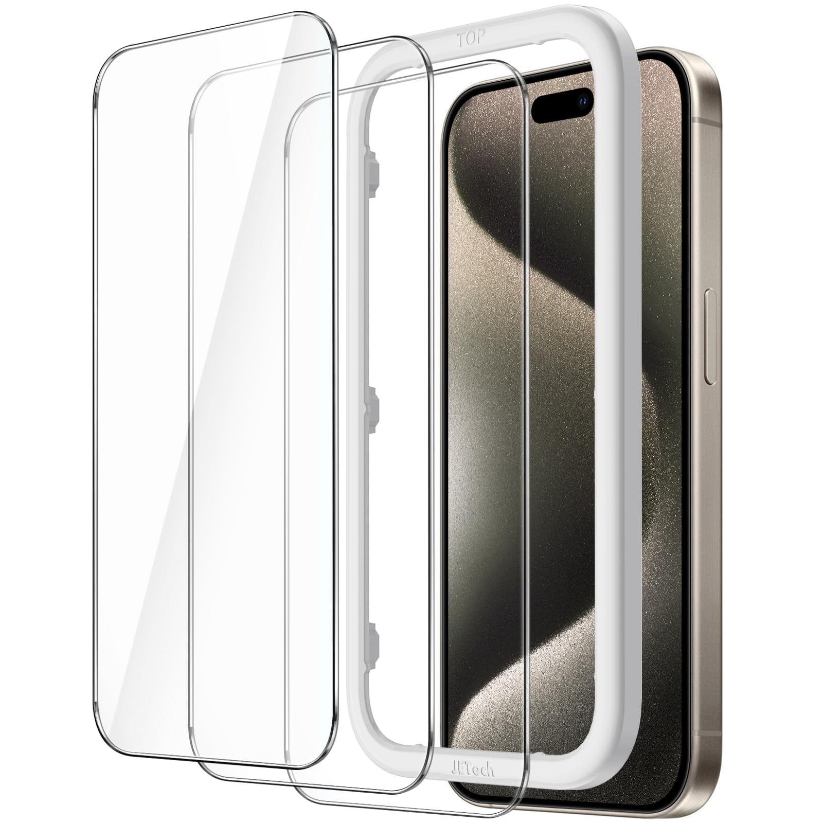 JEDirect iPhone 15ProMax (15 Pro Max 6.7 inch) Protective Film Tempered Glass Film with Guide Frame No Interference Case HD Clear 3 Pack