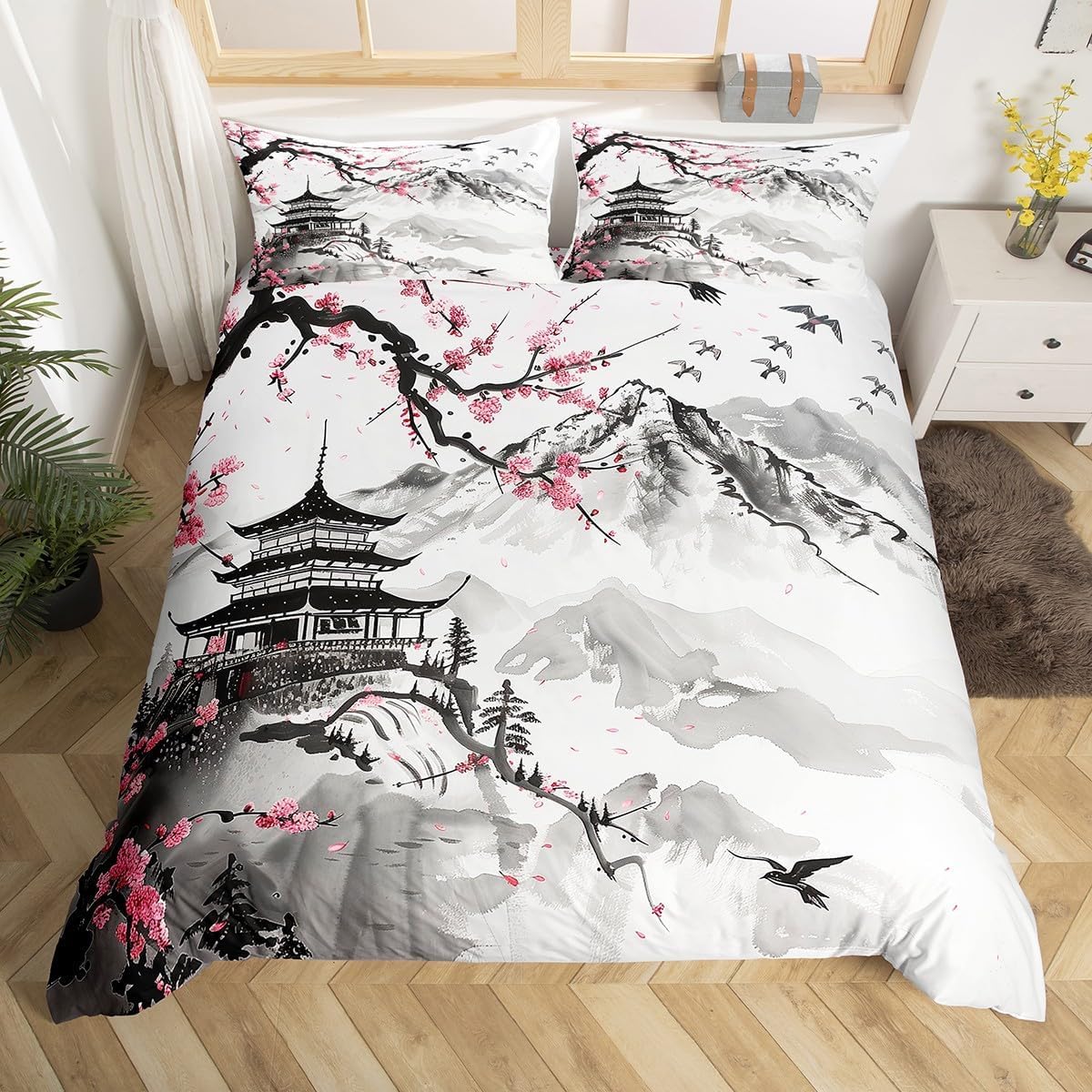 Housse de couette 280x240 doux parure fleur de cerisier rose B-2702