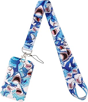 Shark Badge Holder with Lanyards, Blue Key Lanyard with Vertical Plastic ID Card Holder, Cool Badge Lanyard with Keychain for Kids, Boys, Men