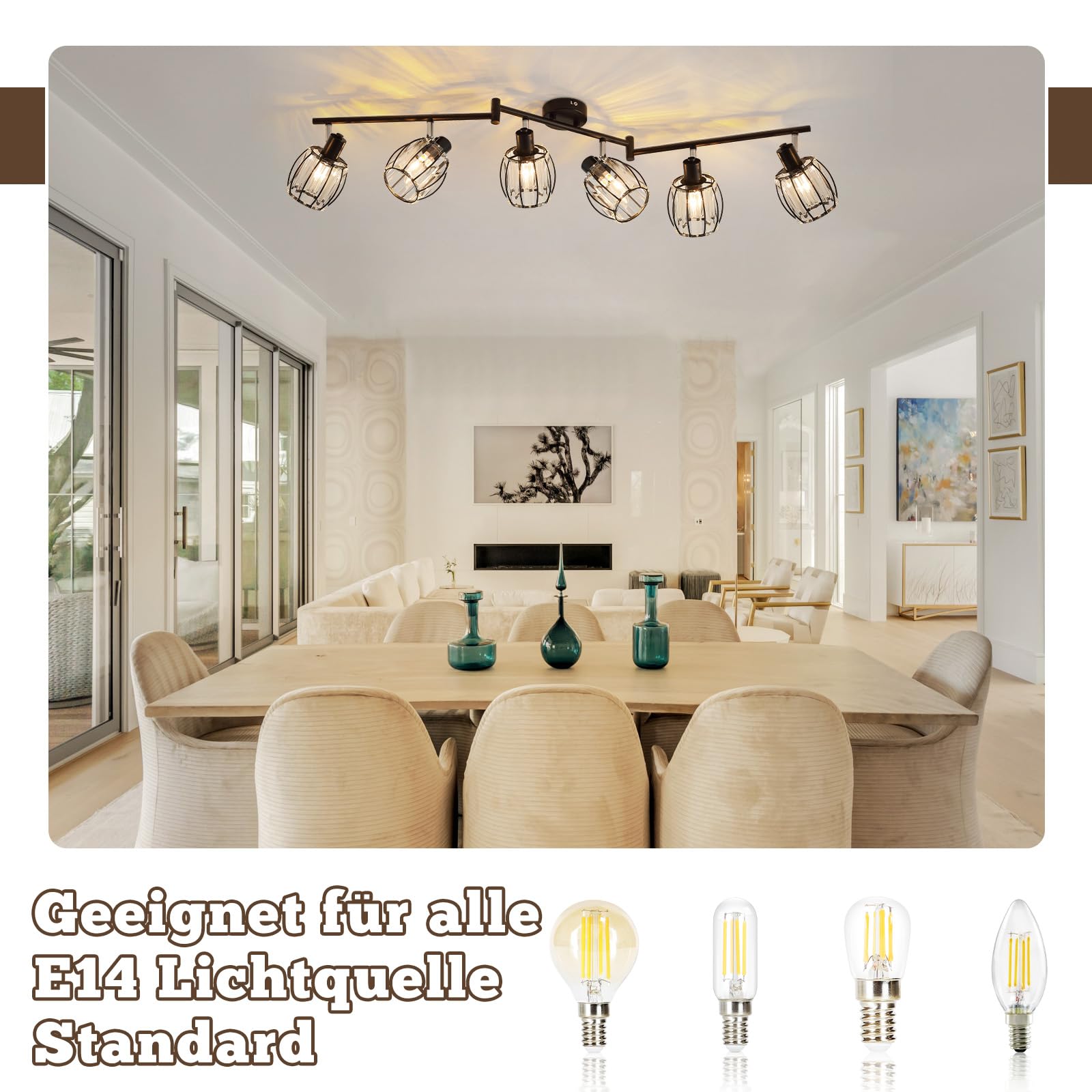 ZMH Deckenstrahler 6 Flammig Vintage Kristall Schwarz E14 Wohnzimmerlampe | Deckenleuchte Retro Design Strahler 350 Grad Schwenkbar Spotleuchte Innen Schlafzimmer Küche Flur