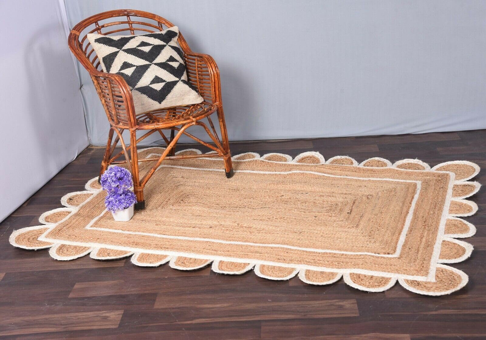 Indian Handmade Braided Natural Jute with White Color Jute Design Area Rugs, Scalloped Rugs, Home Décor Natural Jute Rugs & Carpet Size, 4 x 10 Feet (120 cm x 300 cm) Rectangle