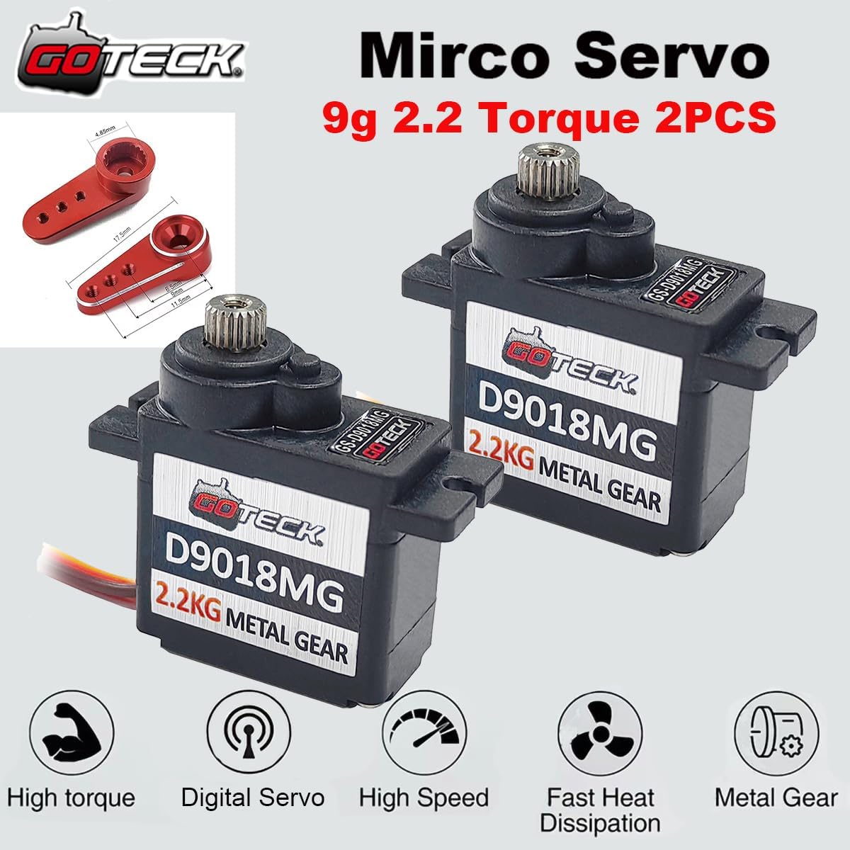 GOTECK 2PCS D9018MG 9g Mini Servo, Micro Full Metal Gear Digital Servo,with Metal Horn for RC Car Model Boat Fixed-Wing Helicopter Airplane Robot