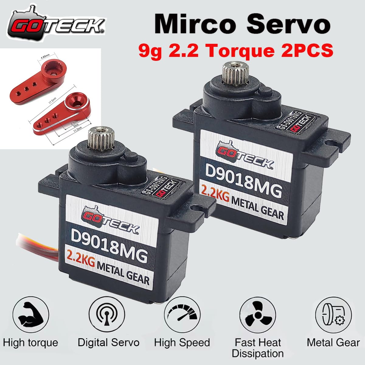 GOTECK D9018MG Lot de 2 mini servomoteurs numériques 11 g avec klaxon en métal pour voiture télécommandée, bateau, hélicoptère, avion, robot