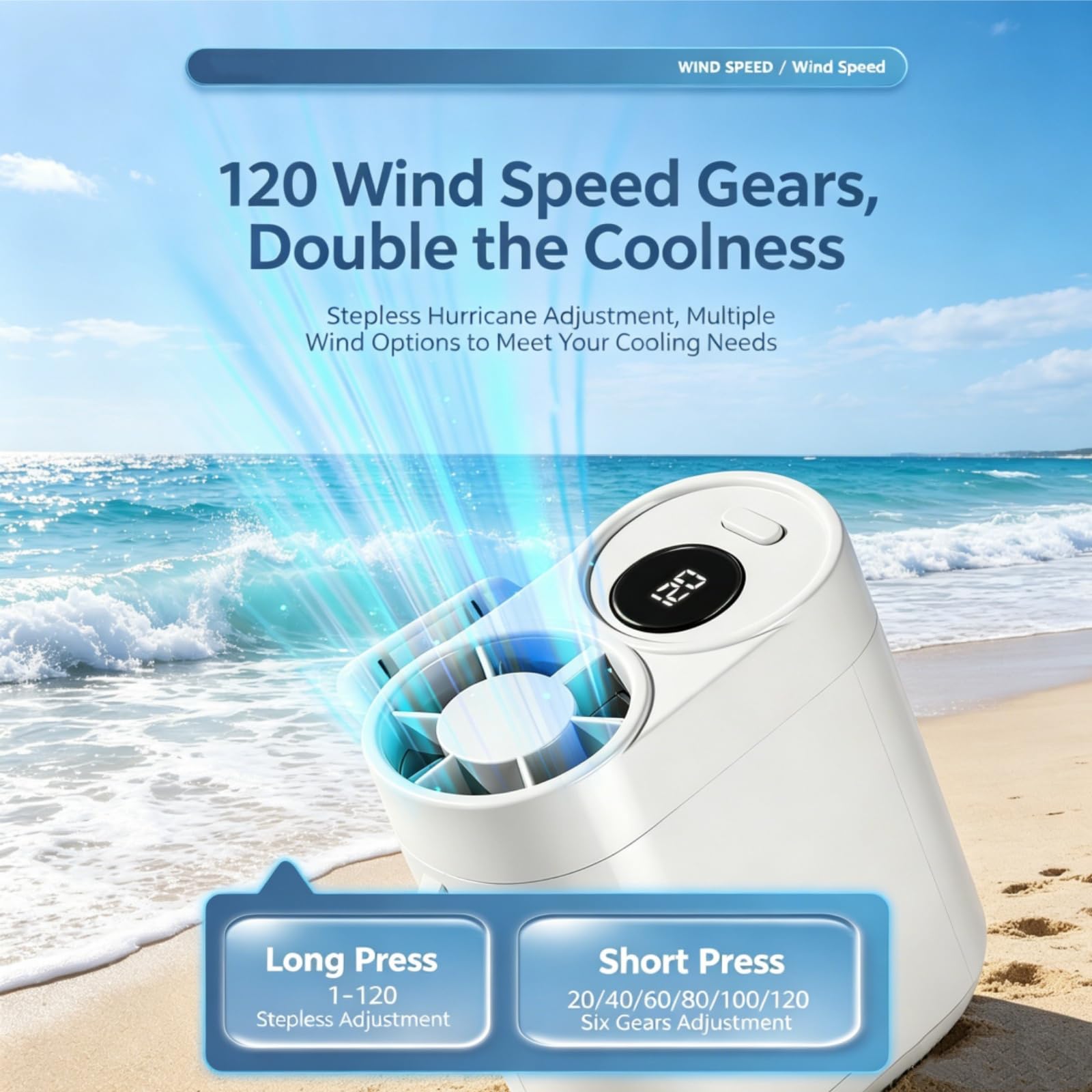 Ventilatore per aria condizionata con clip per auto, con display a LED, rotazione a 360°, velocità 199 e tecnologia semi raffreddamento, ricaricabile tramite USB, adatto per auto, lavoro, campeggio