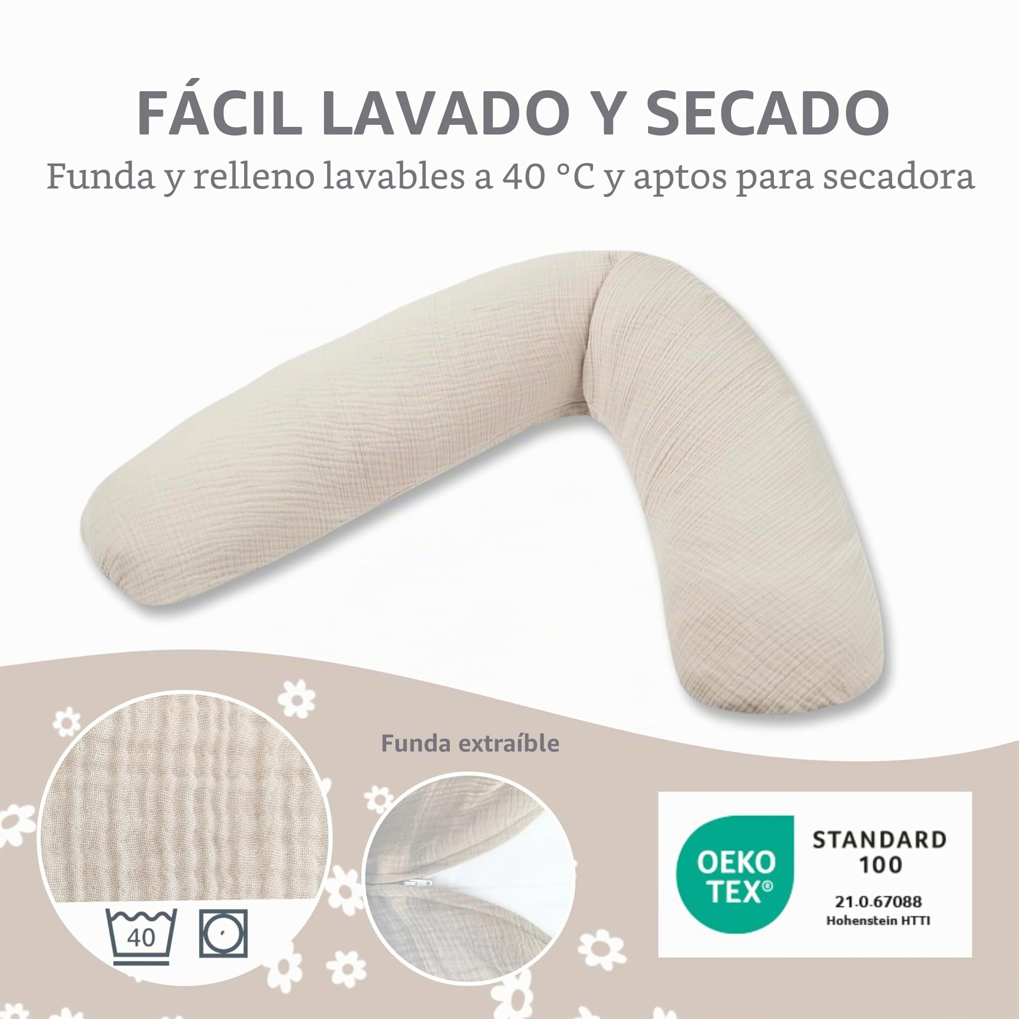 Theraline Almohada Embarazada XXL Dodo Pillow by Cojin Lactancia Bebé con Funda de Muselina de Algodón 180 cm - Relleno de Perlas EPS - Sin Sustancias Nocivas - Lavable a Máquina - Beige